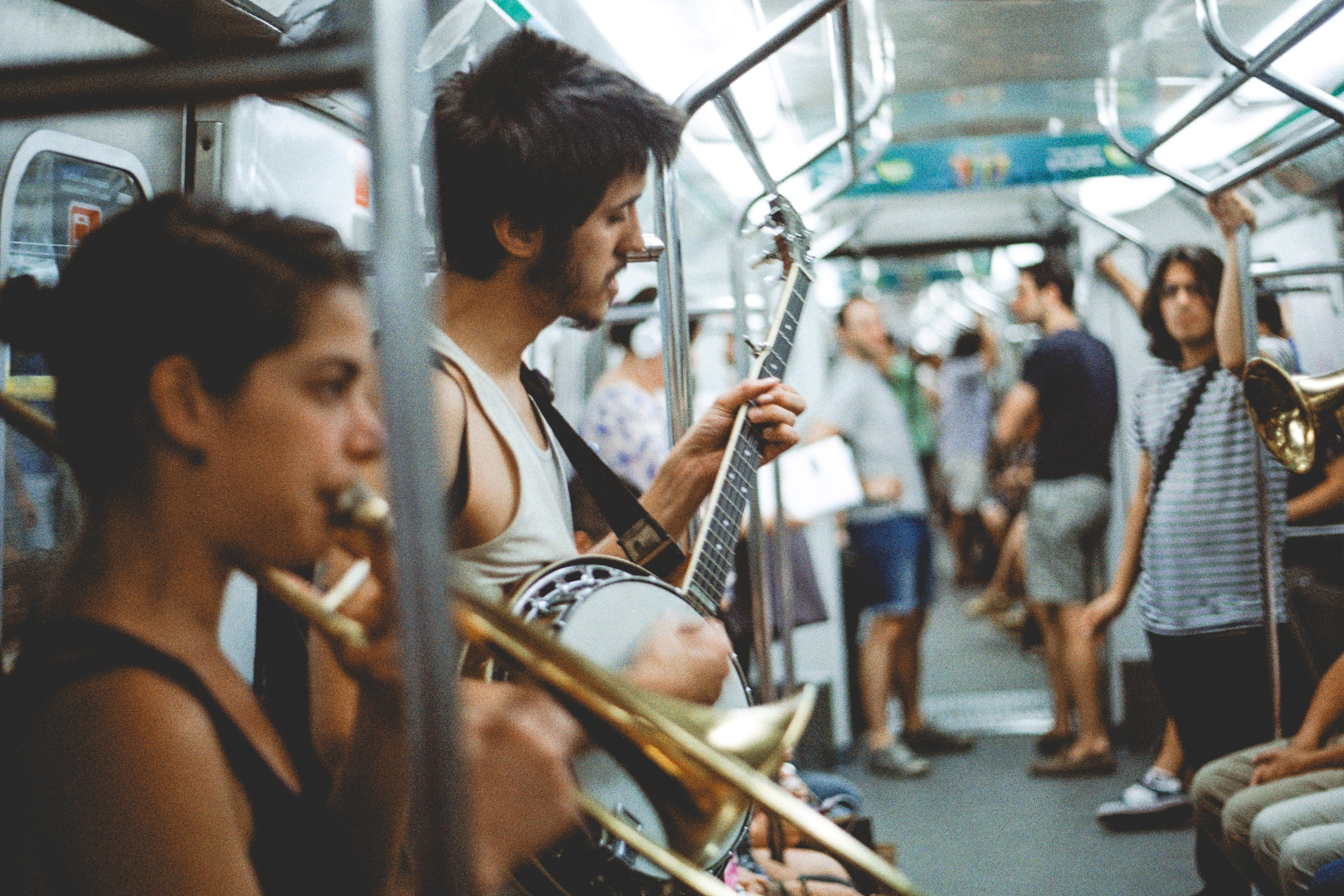mode of transportation, trumpet, station, casual clothing, young men, indoors, real people, playing, men, holding, music, group of people, guitar, adult, HD Wallpaper