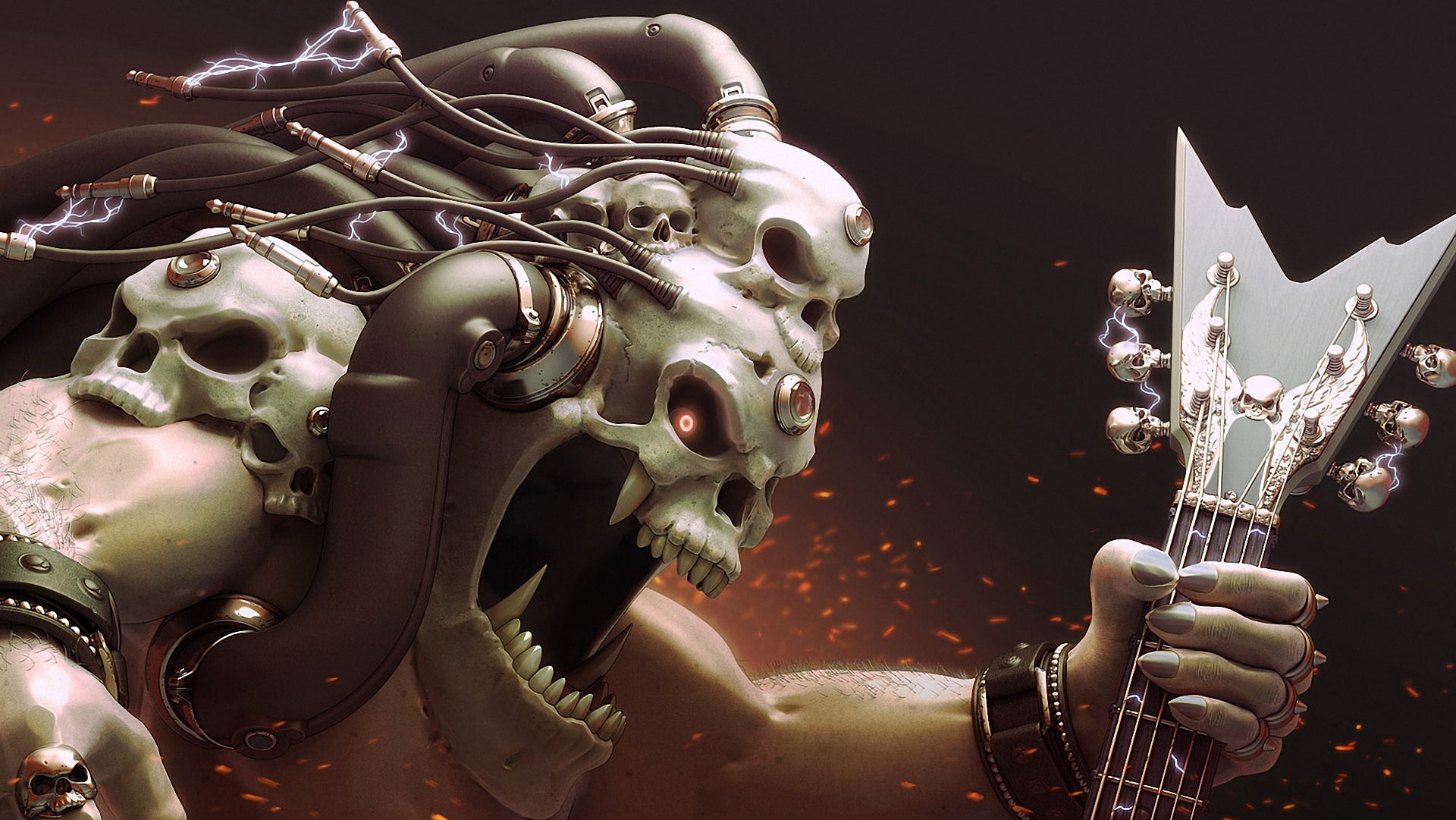 mouth, monster, sparks, charge, head, skull, electricity, wire, art, 1080P, guitar, fangs, HD Wallpaper