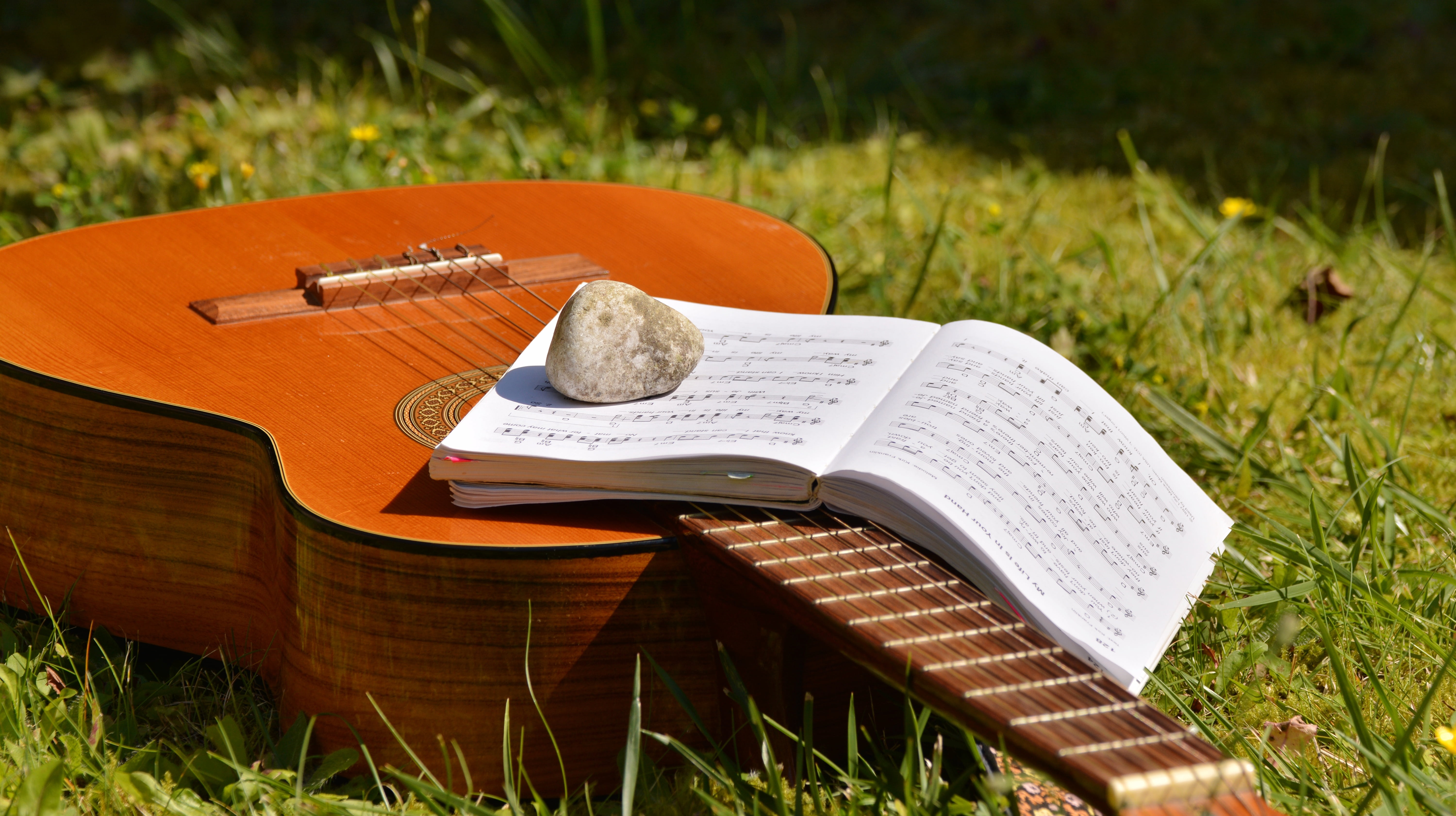 green color, song book, arts culture and entertainment, grass, sheet music, lawn, music, book, guitar, musical equipment, high angle view, publication, HD Wallpaper