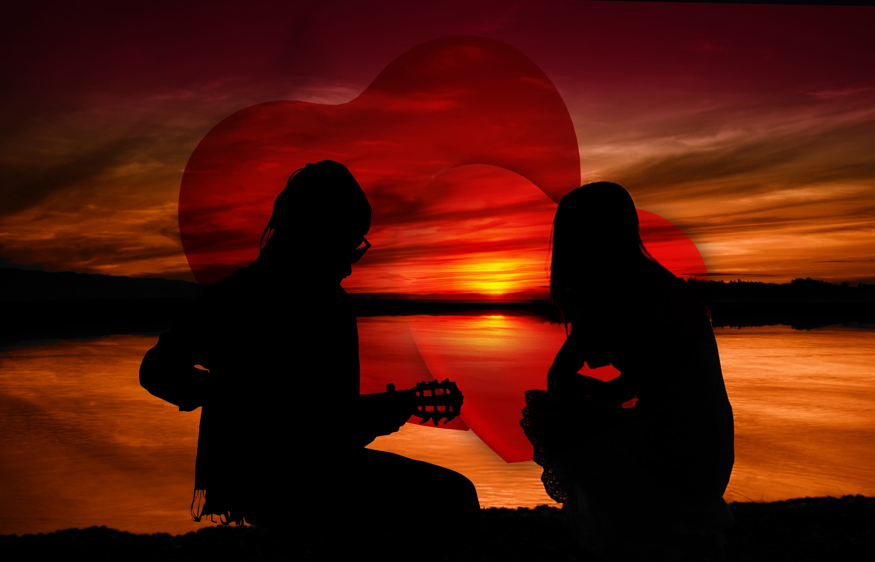 cloud - sky, silhouette, dawn, 2K, beach, arts culture and entertainment, sea, woman, pair, musical instrument, person, sunset, love, nature, two people, HD Wallpaper