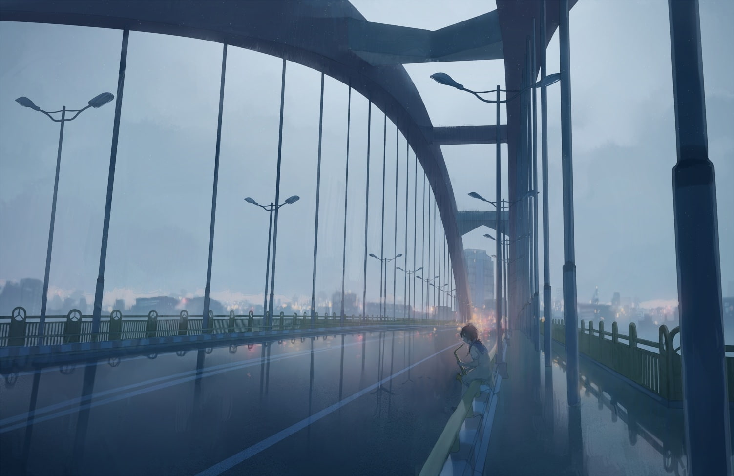 building exterior, built structure, nature, outdoors, glass - material, city, sky, transparent, anime girl, bridge, men, music, 720P, day, connection, HD Wallpaper