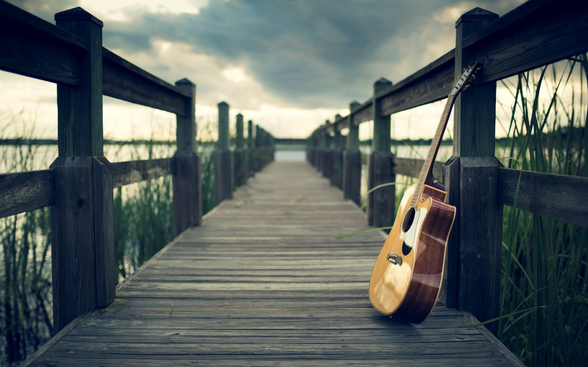 bridge, the way forward, guitar, railing, sky, arts culture and entertainment, no people, string instrument, water, music, musical equipment, bridge - man made structure, HD Wallpaper