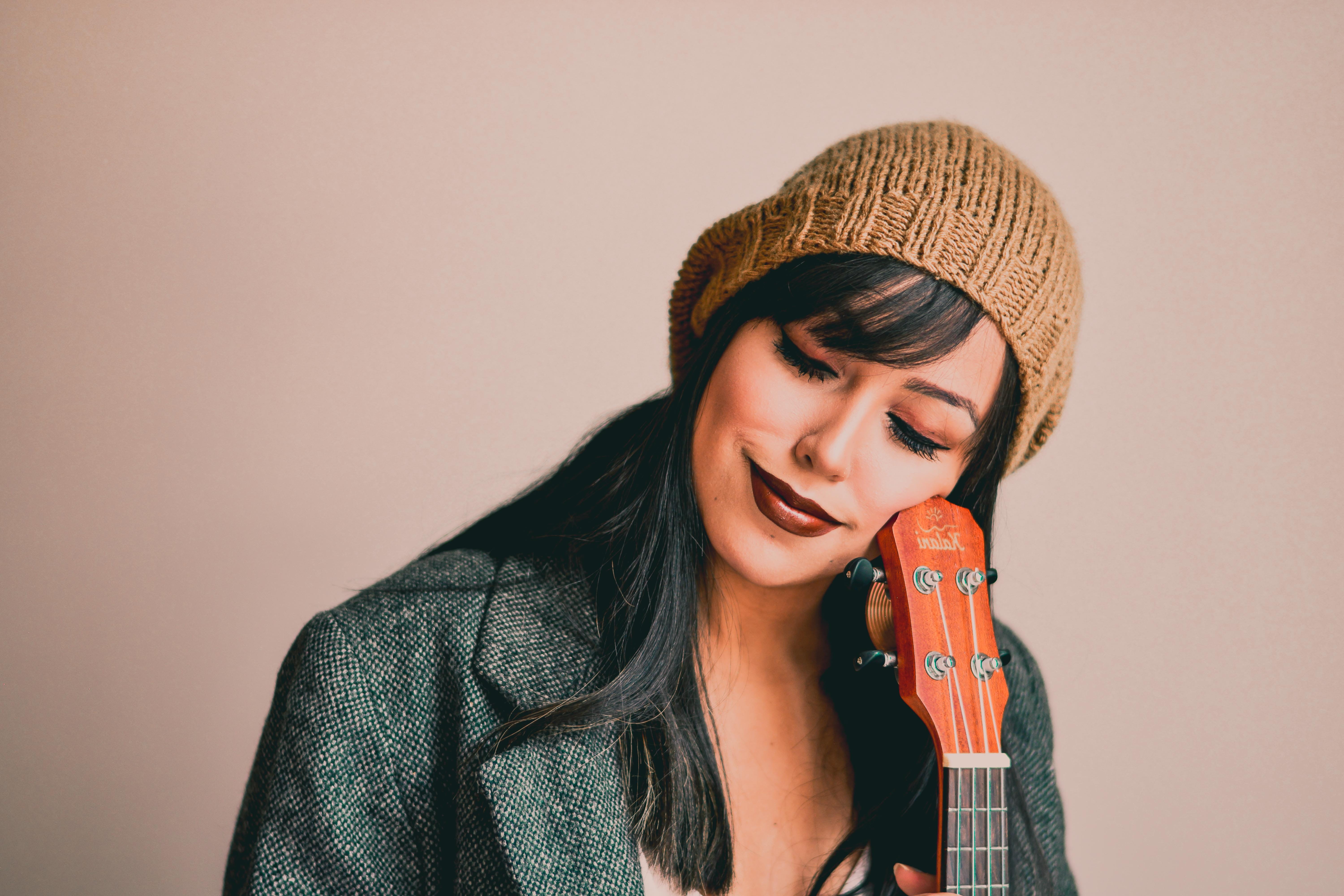 musician, photography, beautiful, portrait, lifestyles, bangs, bonnet, clothing, girl, woman, 5K, wear, smiling, beauty, style, hairstyle, pretty, musical instrument, HD Wallpaper