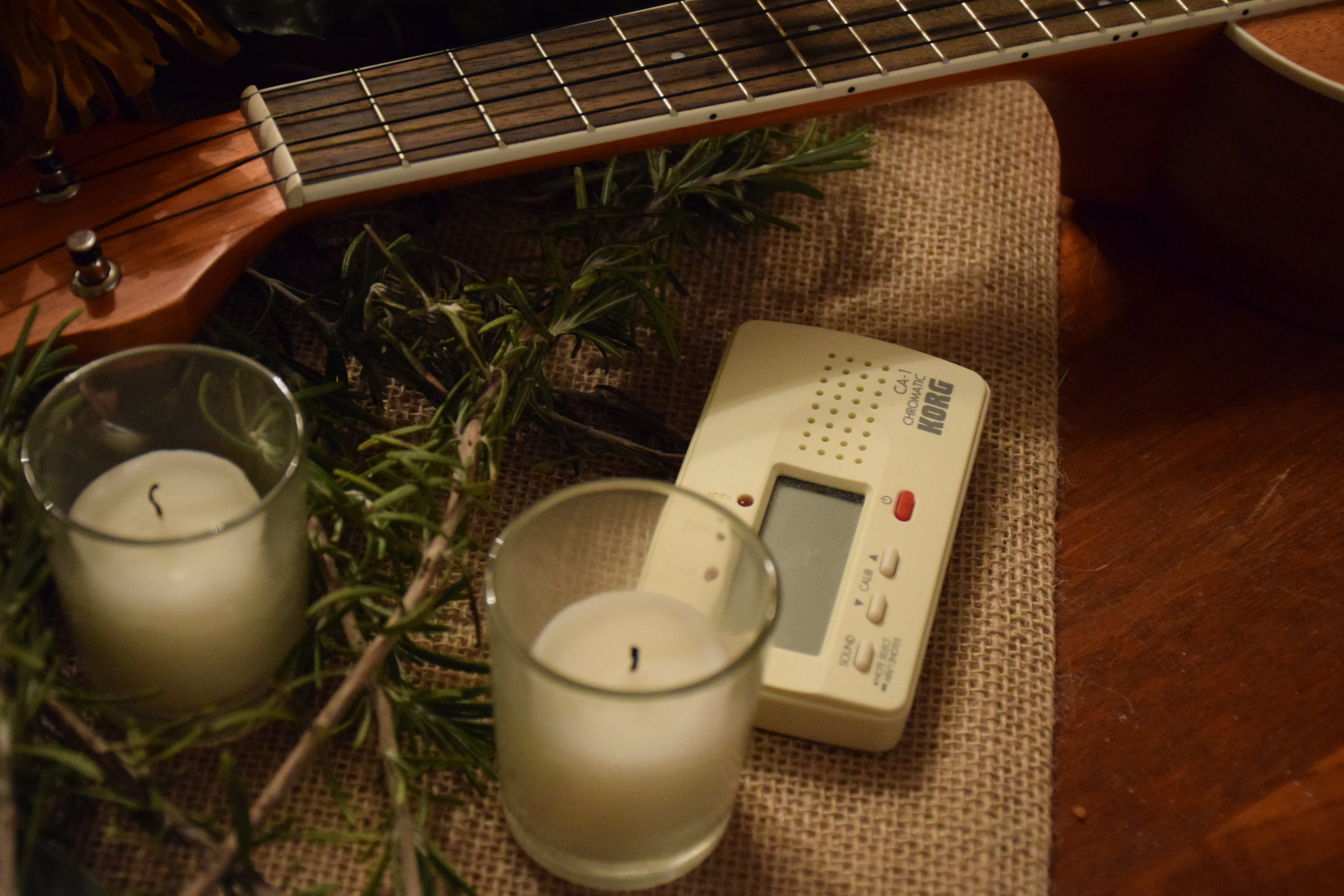 healthy lifestyle, food, jars, table, guitar, items, instrument, nature, 5K, festive, two, objects, christmas, candle, tea, close-up, cup, wood - material, HD Wallpaper
