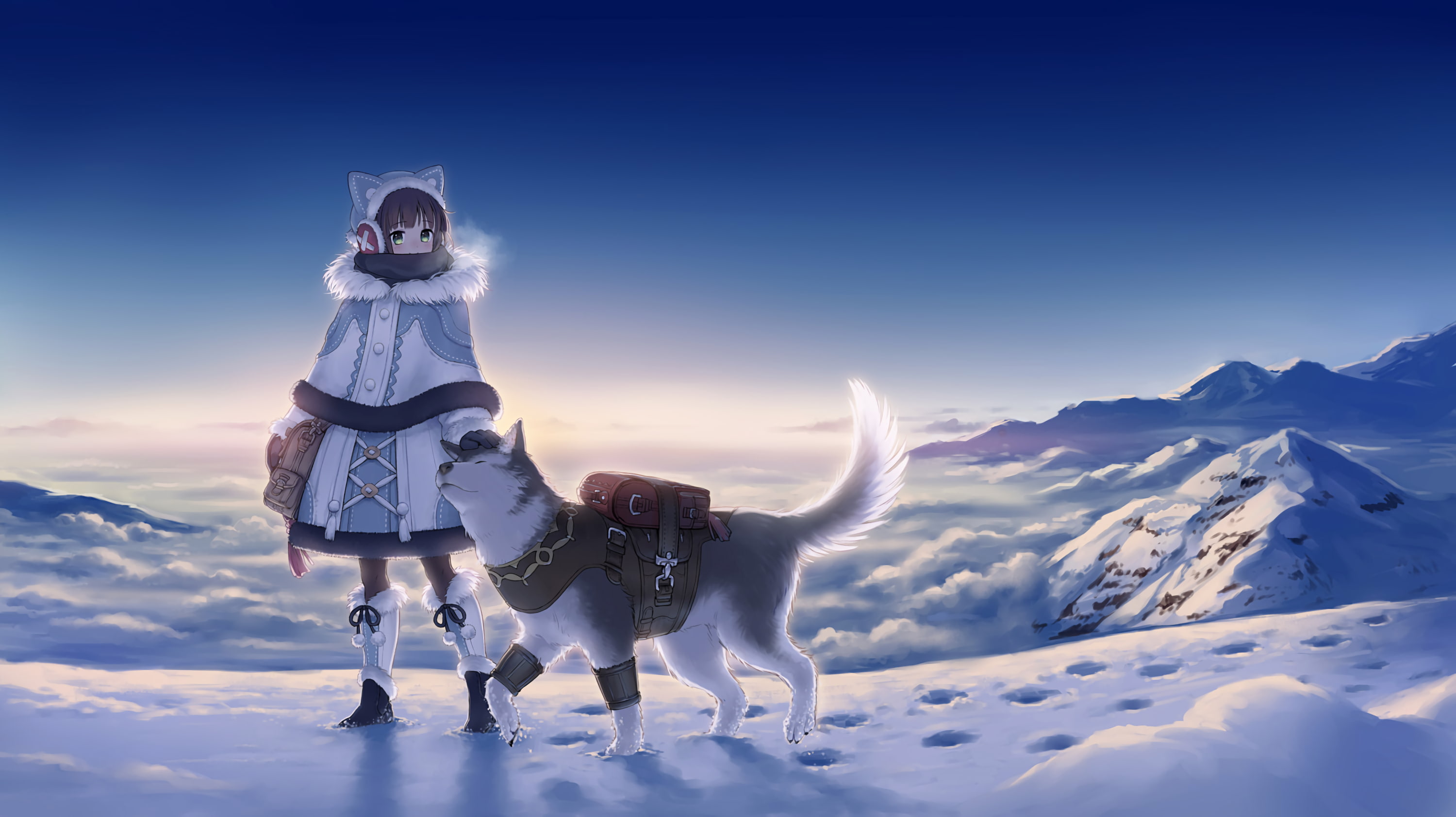 dog, sky, snowy peak, Nylons, green eyes, landscape, 2K, sunlight, scarf, backpacks, animal ears, anime, women, boots, snow, HD Wallpaper