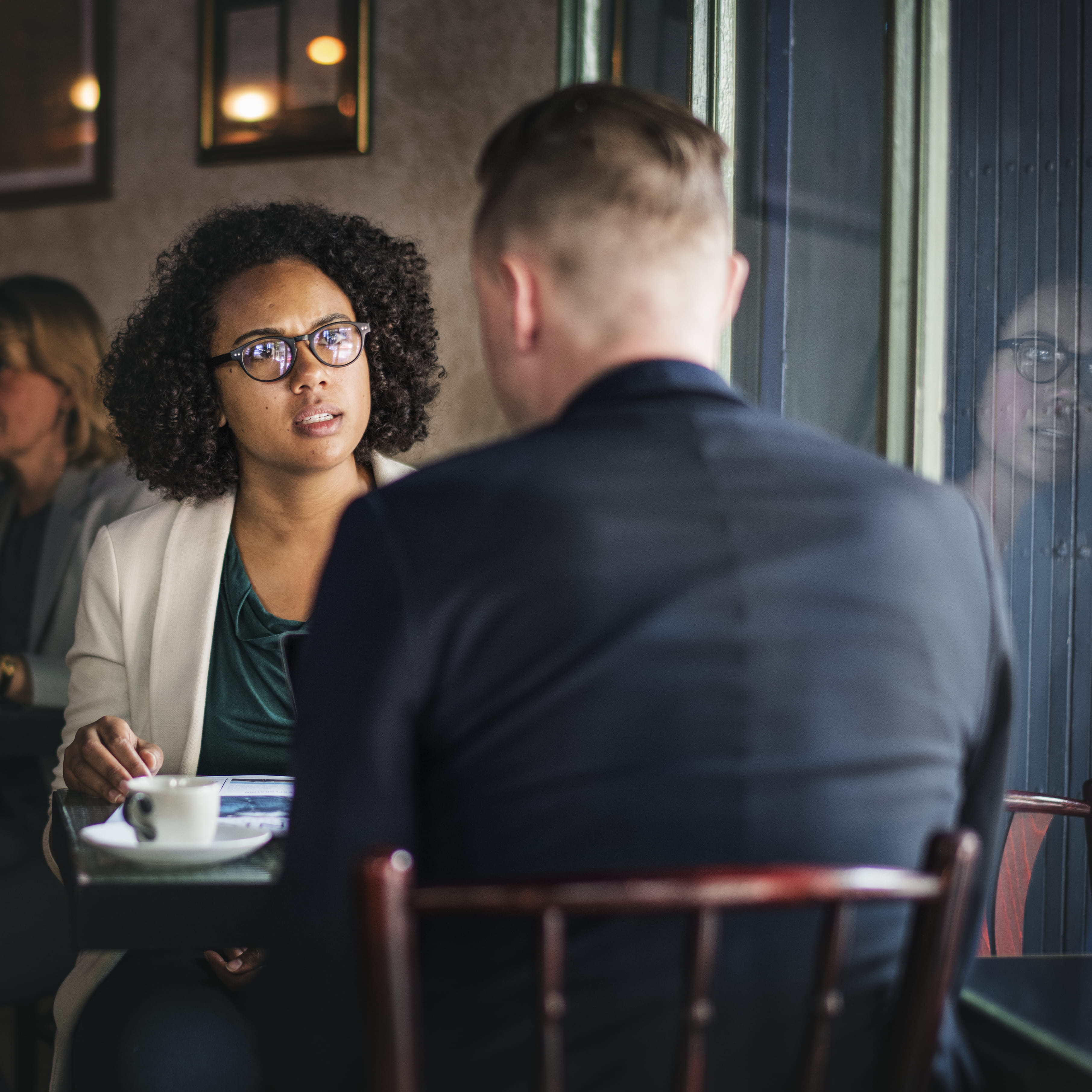 couple, business person, people, suit, office, wear, glasses, mug, brown, young adult, beside, business, front, break, restaurant, coffee, glass, furnitures, Phone HD Wallpaper