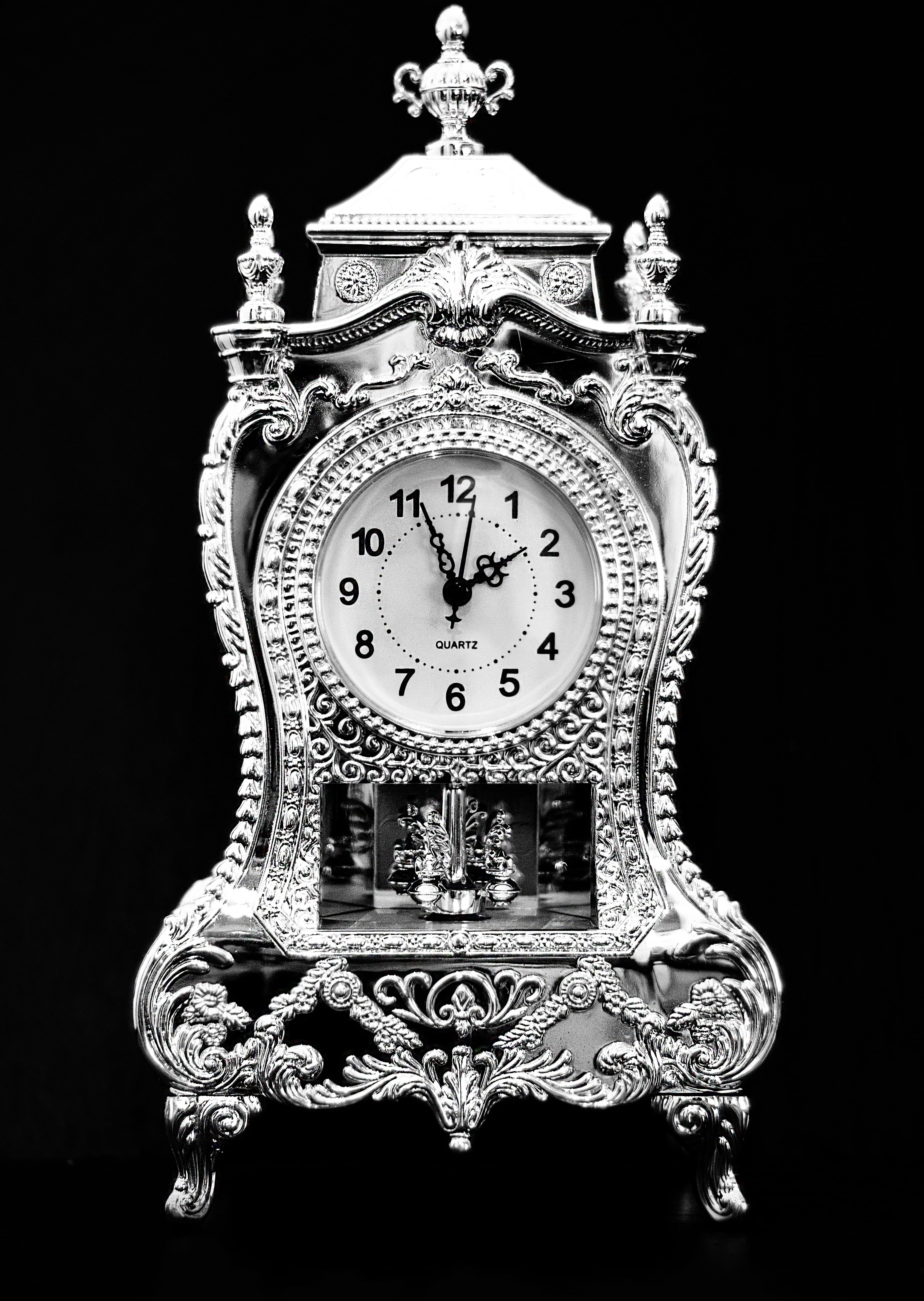low angle view, luxury, pointer, single object, antique, design, clock, day, clock face, time, 5K, black background, silver, watches, metal, old, decoration, Phone HD Wallpaper