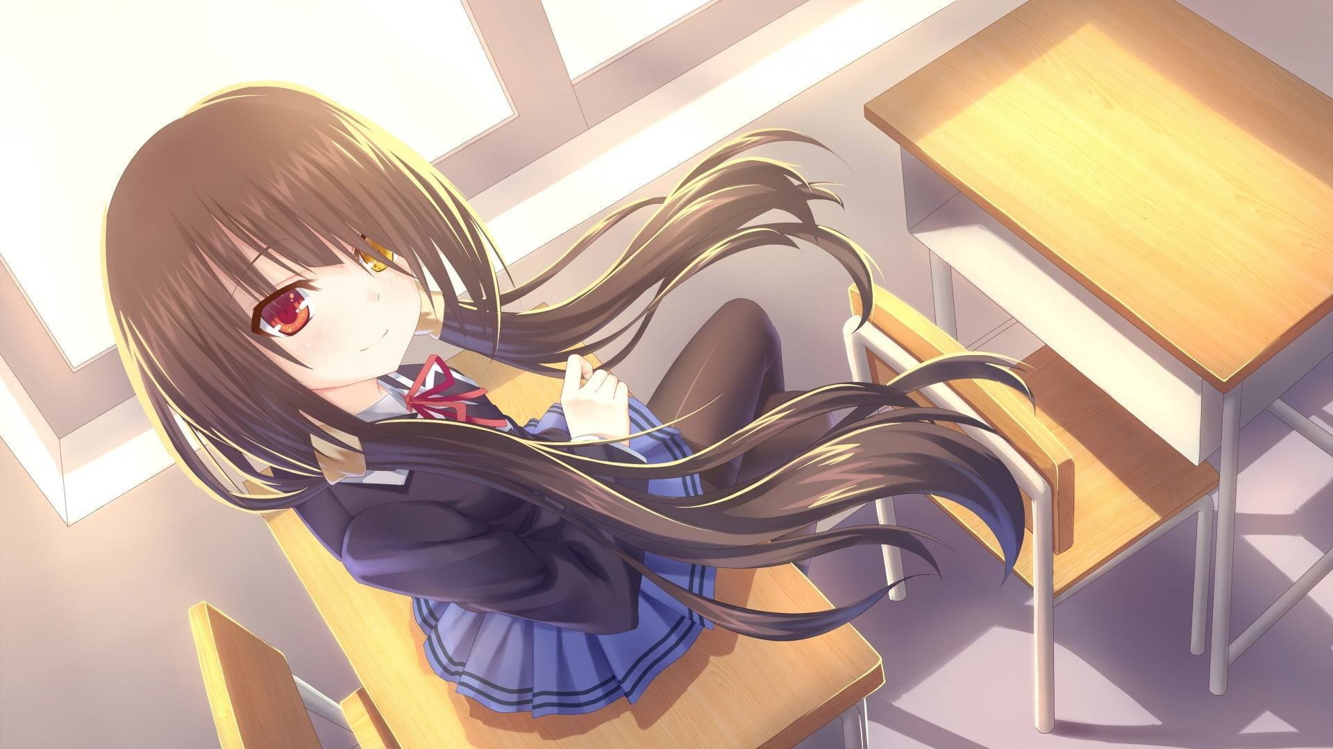 females, fan art, long hair, one person, sitting, anime, adult, window, lifestyles, red eyes, leggings, side view, anime girls, 1080P, school uniform, HD Wallpaper