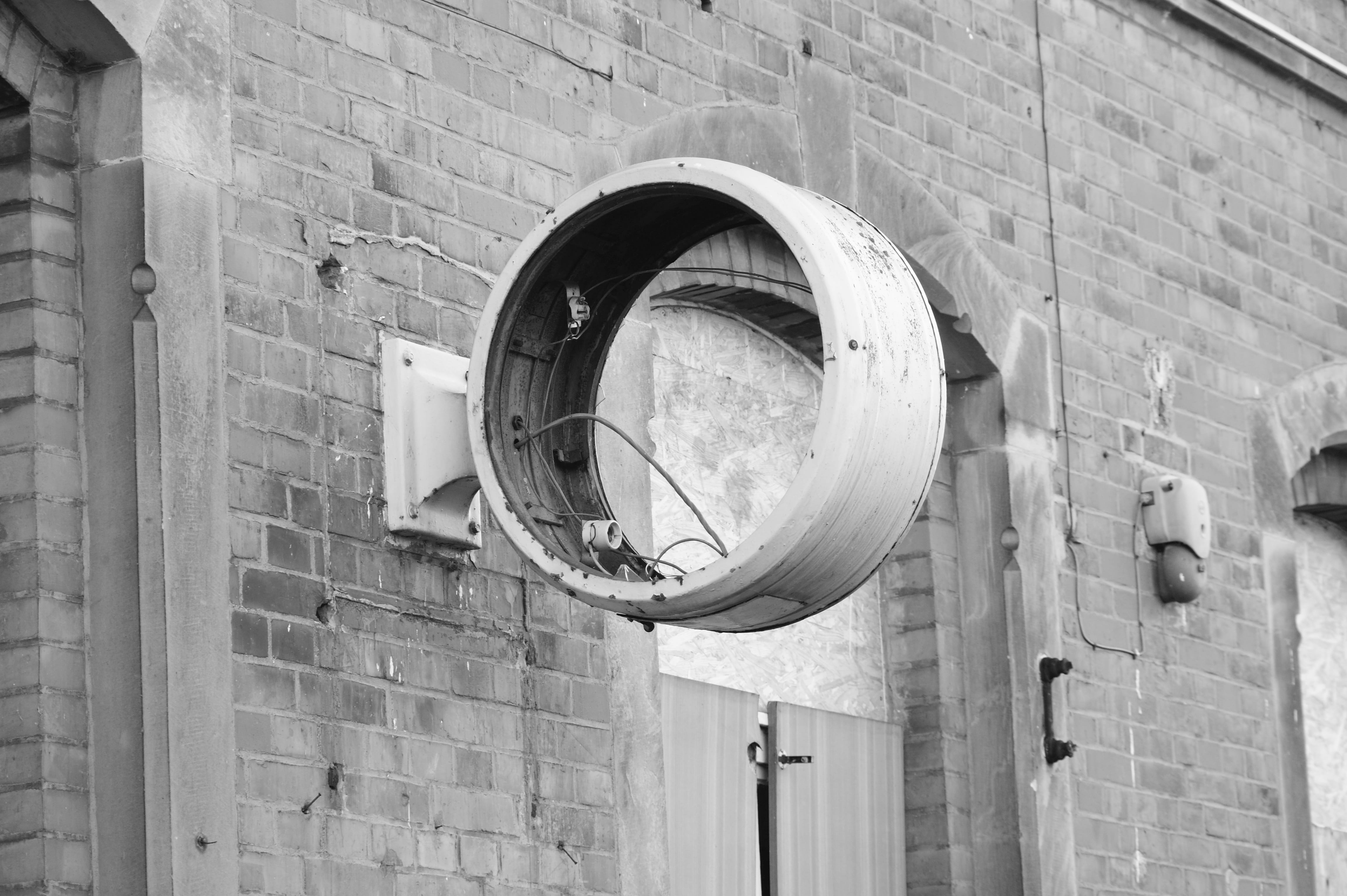 wall, Station Clock, decay, leave, destroyed, time, design, no people, out of date, brick, window, architecture, black and white, pipe - tube, electrical equipment, HD Wallpaper