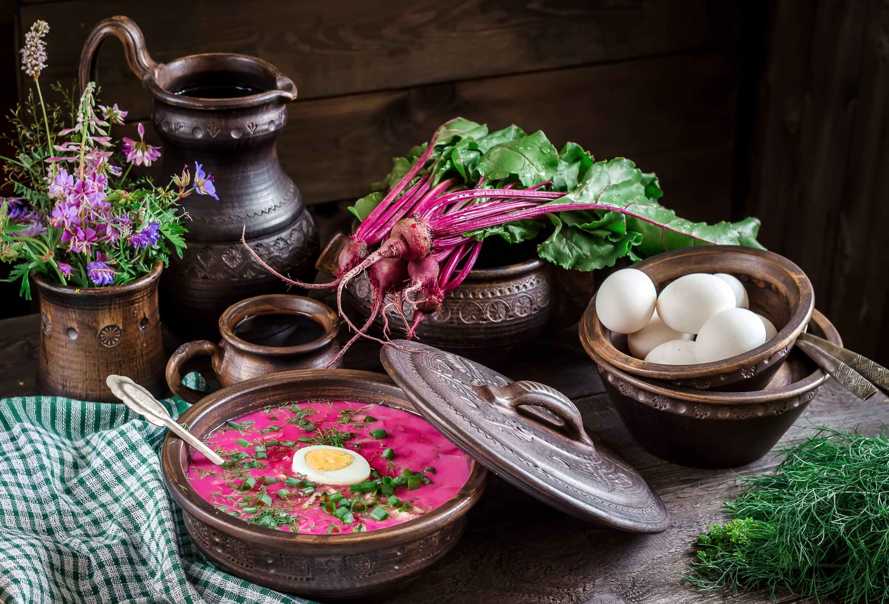 beets, flowers, soup, pitcher, beetroot, eggs, dill, tops, 2K, still life of bowls, HD Wallpaper