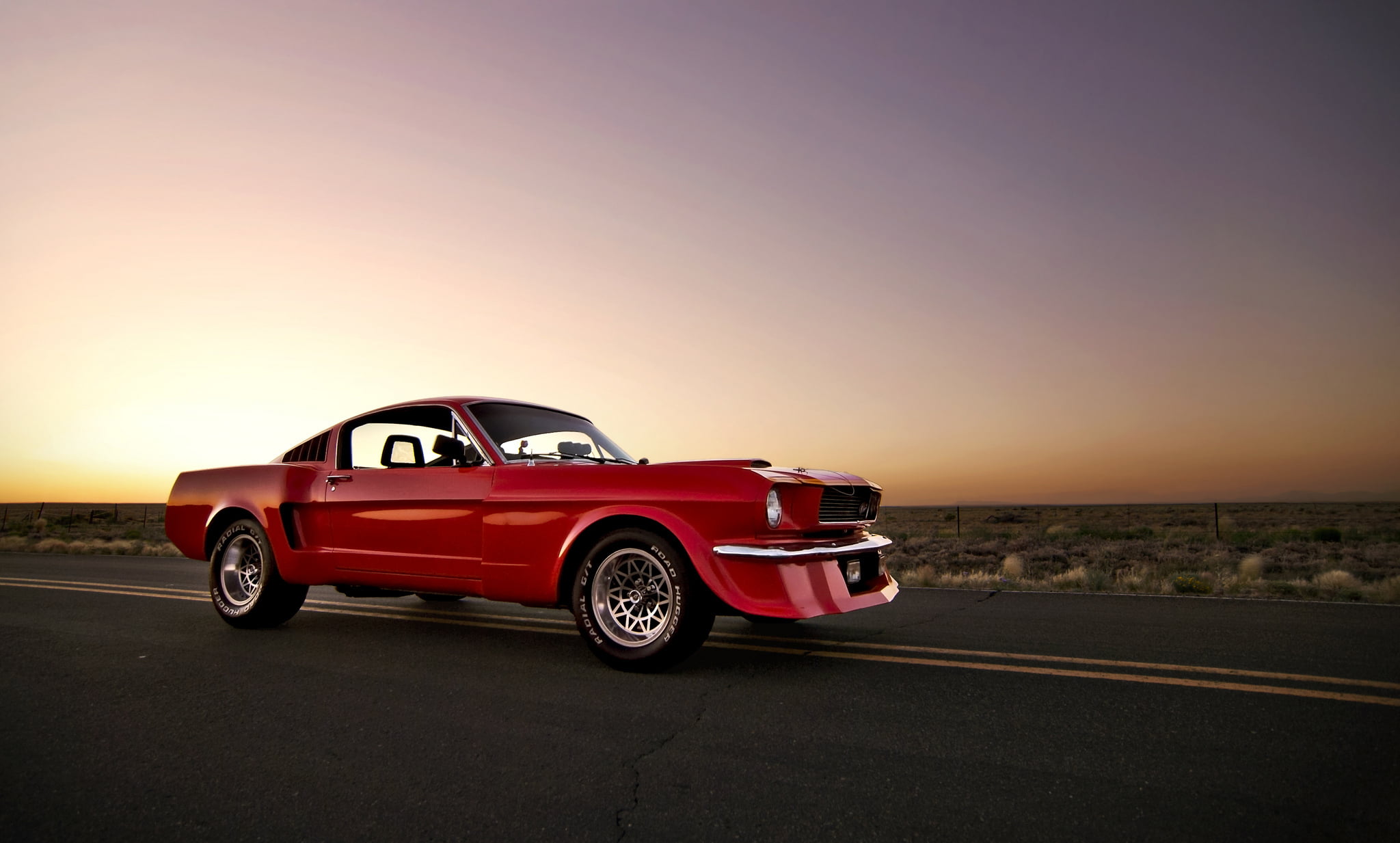 coupe, motion, nature, the sun, marking, on the move, travel, road marking, transportation, sunset, sky, no people, Mustang, copy space, speed, wealth, HD Wallpaper