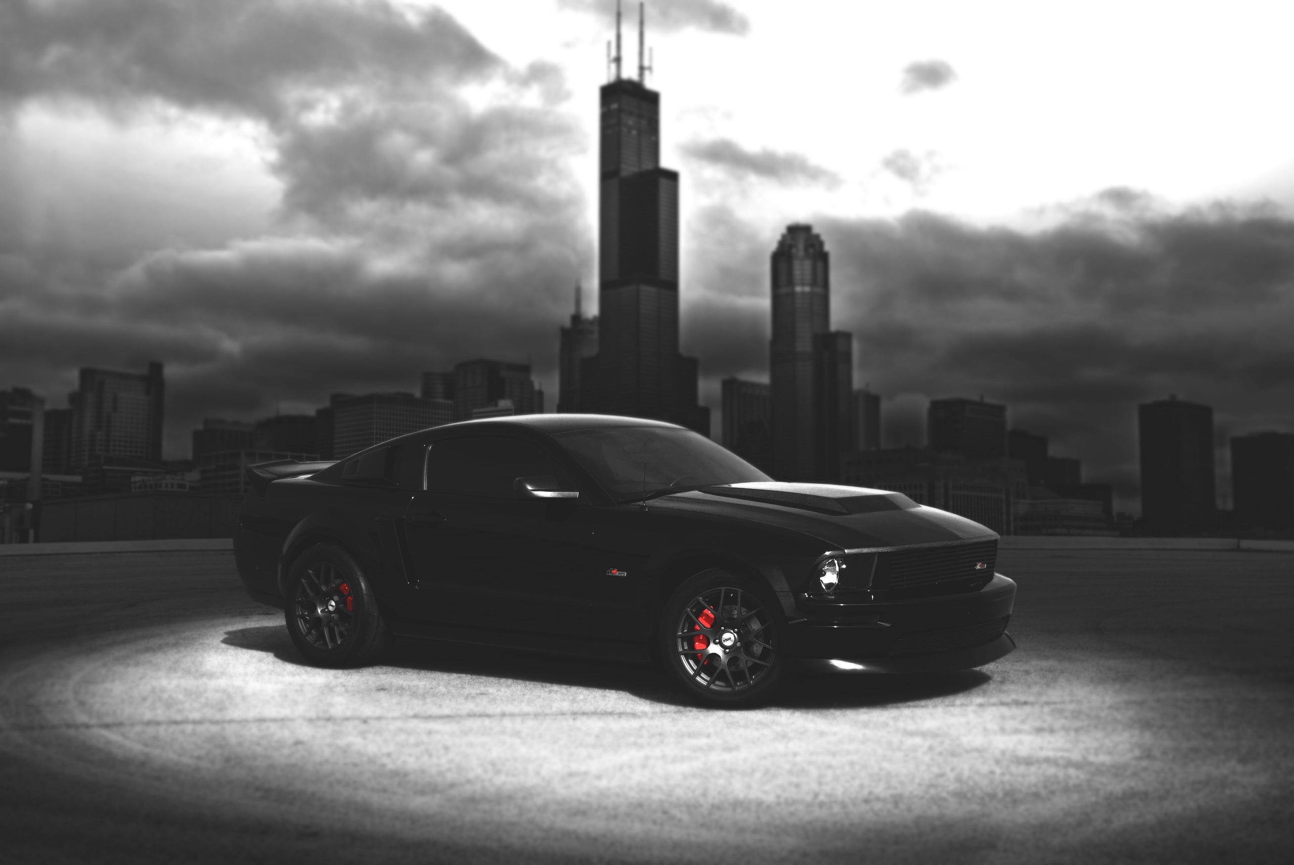 Ford, sky, land vehicle, built structure, landscape, no people, blur, car, transportation, skyscraper, tower, muscle, America, office building exterior, HD Wallpaper