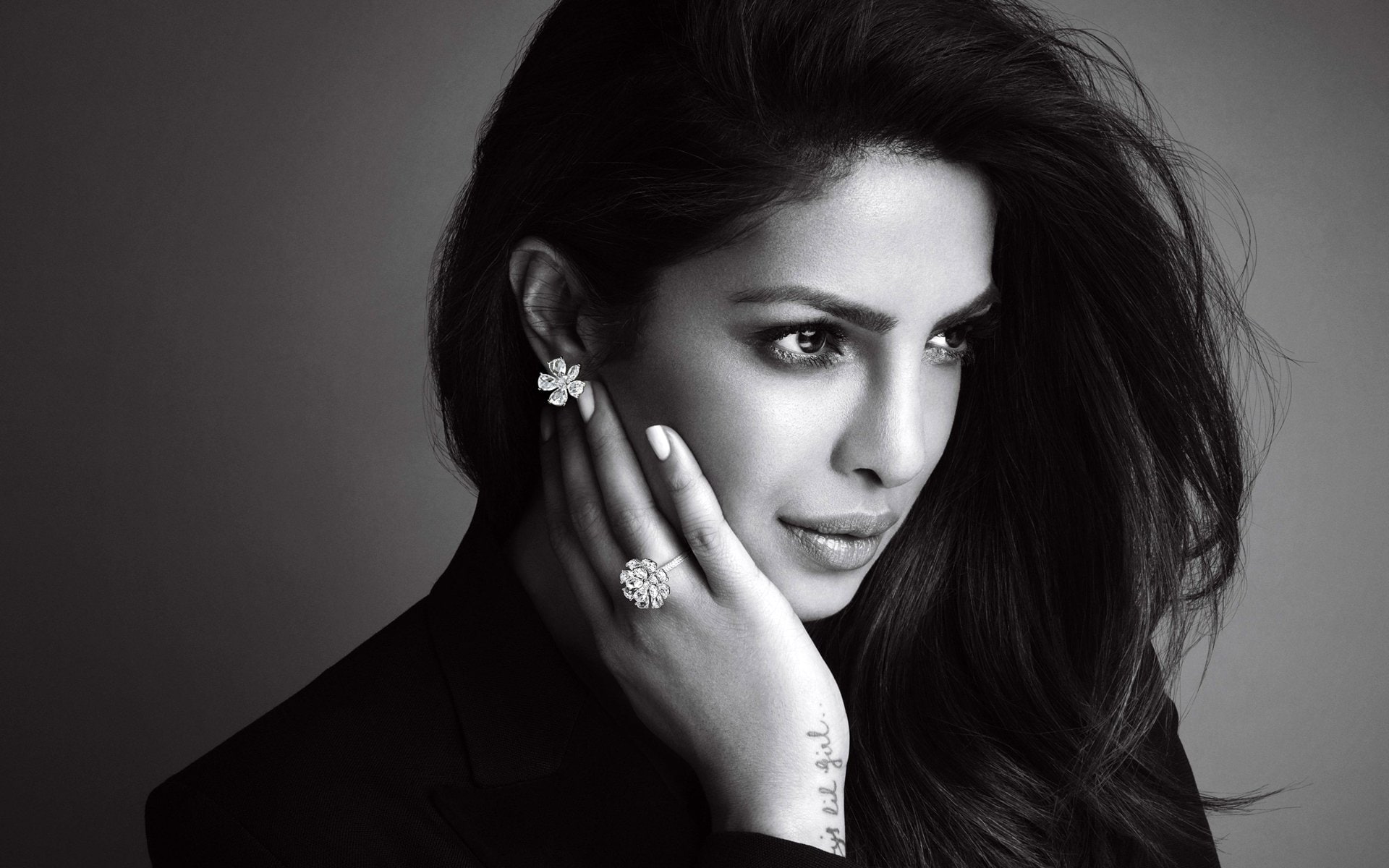 Black and White, Actresses, Face, Actress, Indian, 1080P, Long Hair, Priyanka Chopra, HD Wallpaper