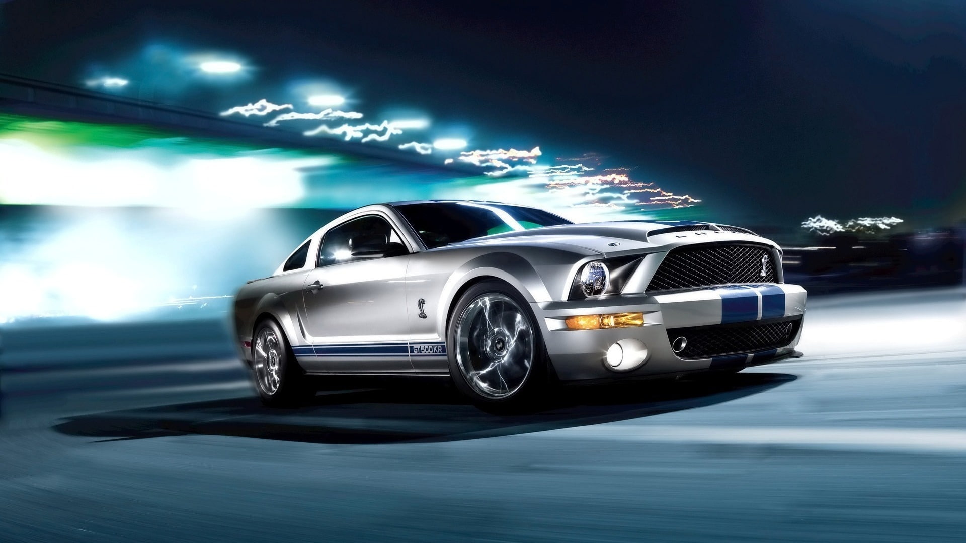 reflection, 1080P, side view, headlight, wealth, Ford Shelby GT500, blue, shiny, motion, Ford, night, no people, light - natural phenomenon, luxury, silver colored, HD Wallpaper