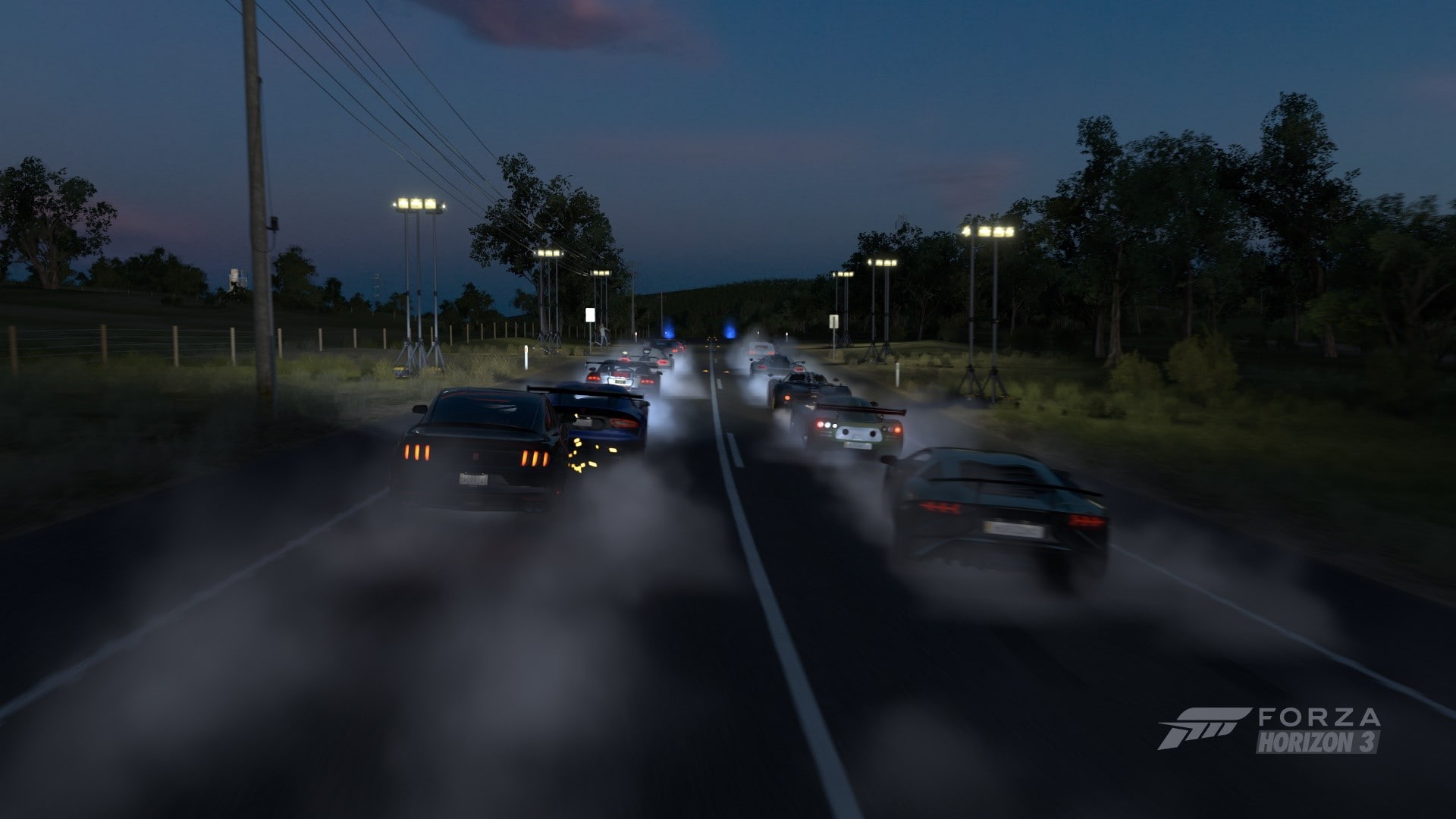 night, mode of transportation, 1080P, city, highway, illuminated, street, multiple lane highway, blurred motion, architecture, no people, forza horizon 3 car supercars sports car srt viper lamborghini aventador koenigsegg one1 koenigsegg agera dodge viper acr shelby gt 350, HD Wallpaper