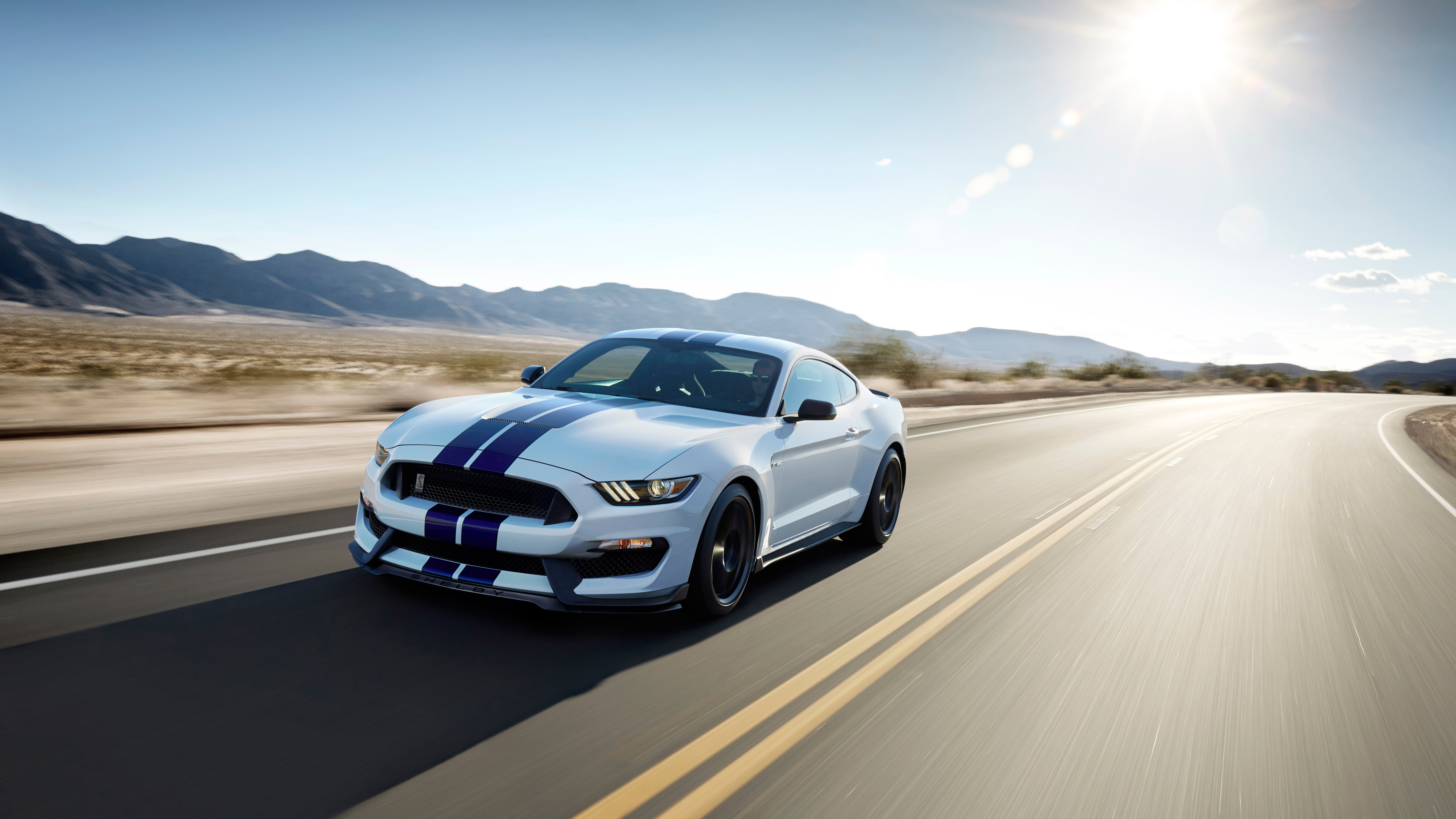 8K, GT350, day, ford, car, mountain, sky, driving, luxury, on the move, white, sunlight, Shelby, motion, road, speed, nature, motor vehicle, travel, bright, HD Wallpaper