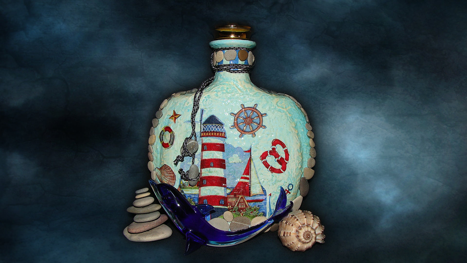 1080P, nautical theme, authors photo by Elena Anikina, decoupage, shell, the authors work, figurine, the s, Dolphin, sea pebbles, HD Wallpaper
