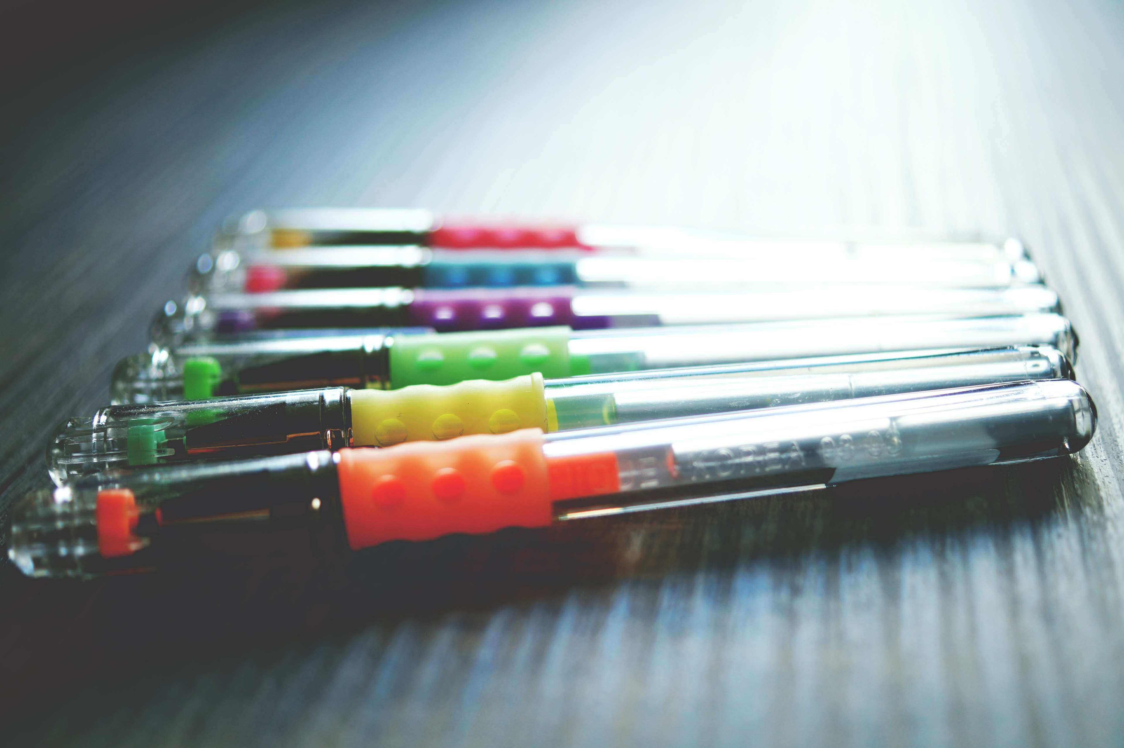 order, no people, large group of objects, indoors, in a row, pen, pencils, close up view, multi colored, side by side, writing instrument, close-up, high angle view, HD Wallpaper