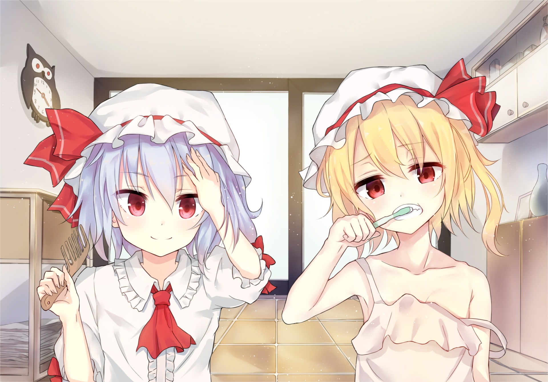 Touhou, Short Hair, Red Eyes, Toothbrush, Flandre Scarlet, Hat, Blonde, 1080P, bow (Clothing), Anime, White Dress, Remilia Scarlet, White Hair, HD Wallpaper
