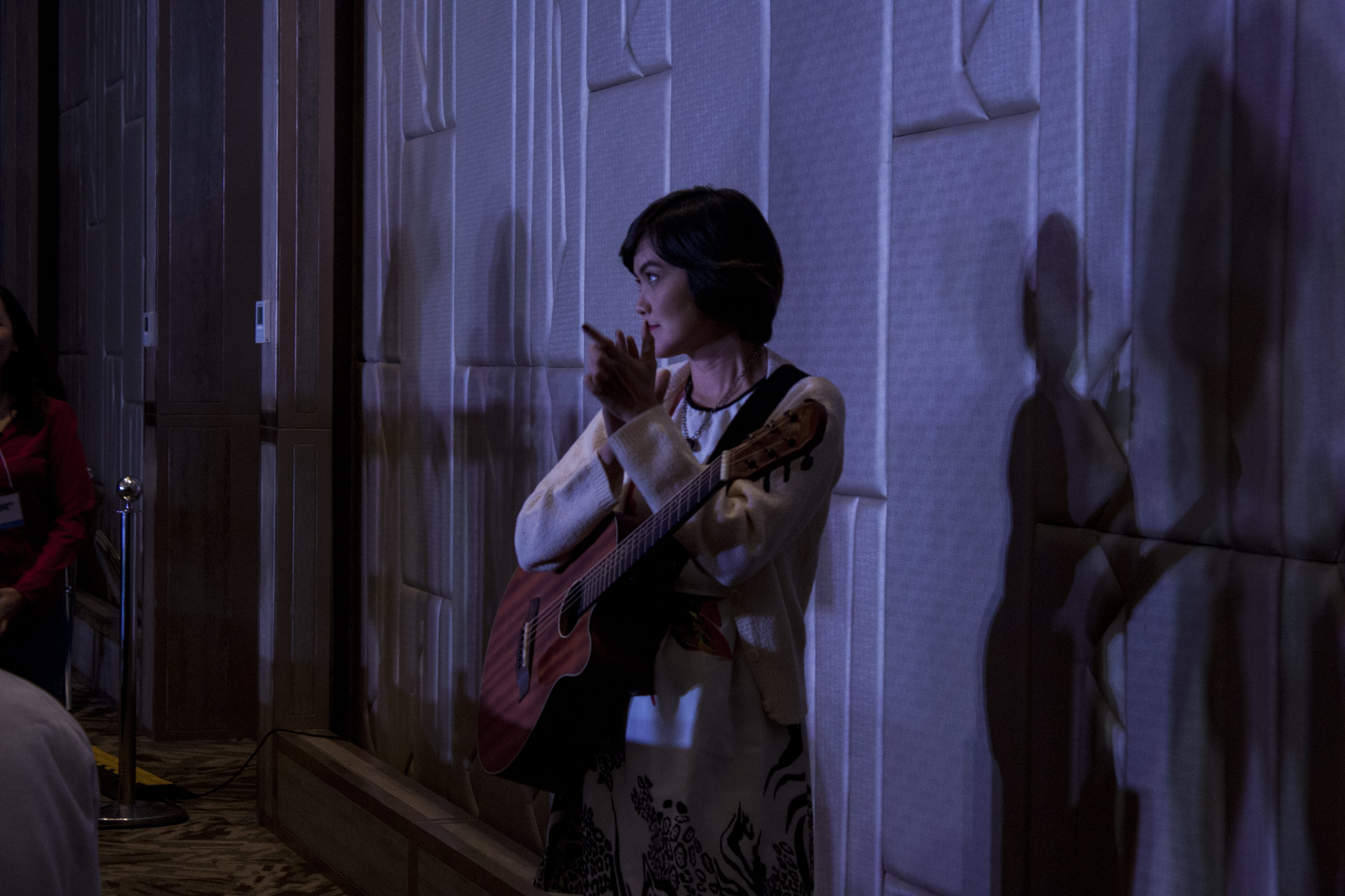 three quarter length, female, sleeve, indoors, guitar, flooring, lute, contemplation, young women, musical instrument, curtain, musician, night, lifestyles, HD Wallpaper
