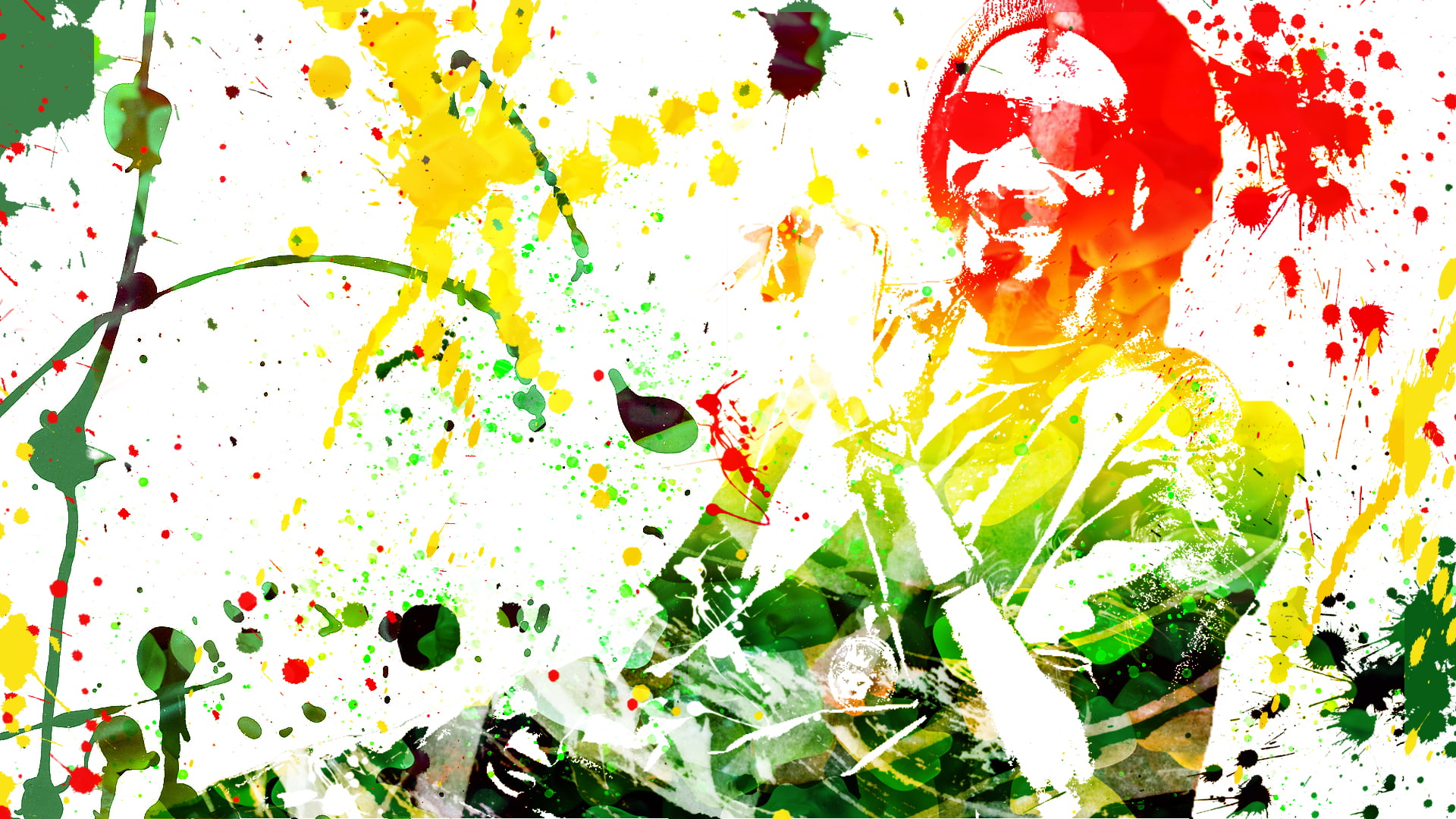 Photoshop, paint brushes, yellow, cannabis, 1080P, white background, green, Snoop Dogg, red, artwork, colorful, splashes, music, HD Wallpaper