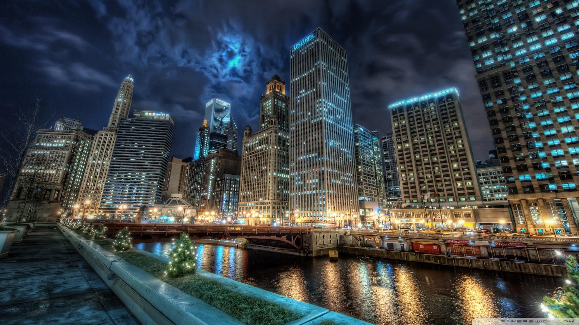 nature and landscapes, night lights, concrete, hdr, chicago, buildings, night, downtown, river, 1080P, city, HD Wallpaper