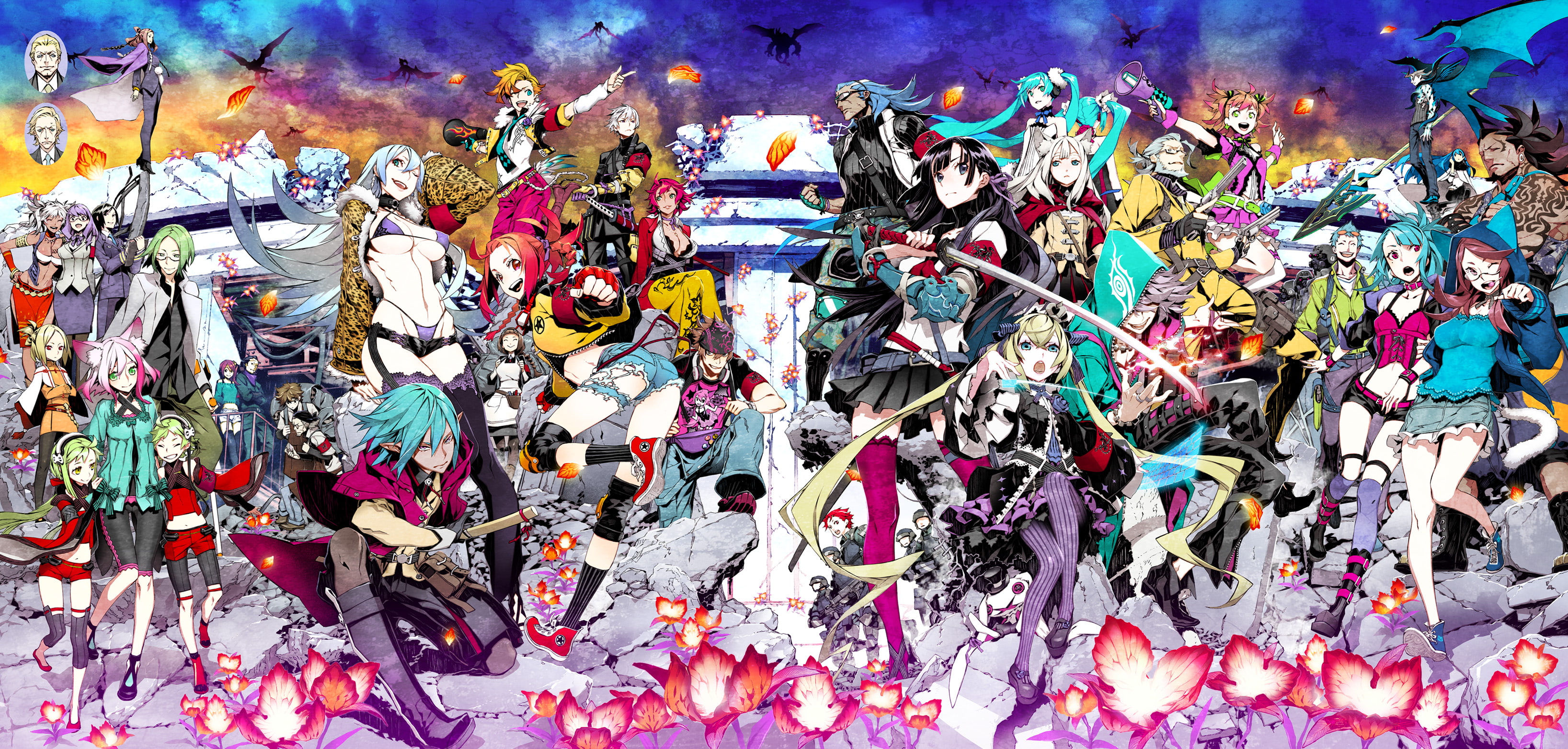 shirow, miwa, weapon, sword, ears, tagme, hatsune, group, pointed, 2K, skirt, thighhighs, 7th, dragon, miku, HD Wallpaper