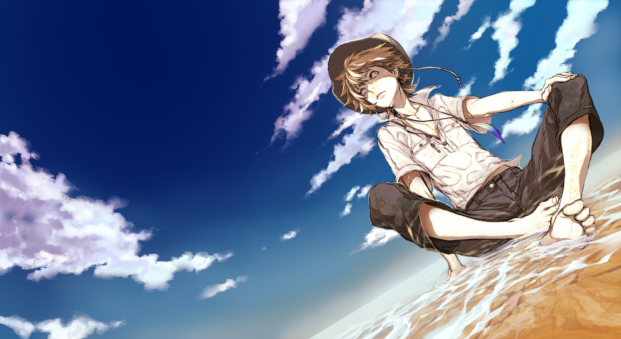 barefoot, hair, short, original, water, hat, brown, male, miwa, shirt, 1080P, clouds, shirow, sky, necklace, HD Wallpaper