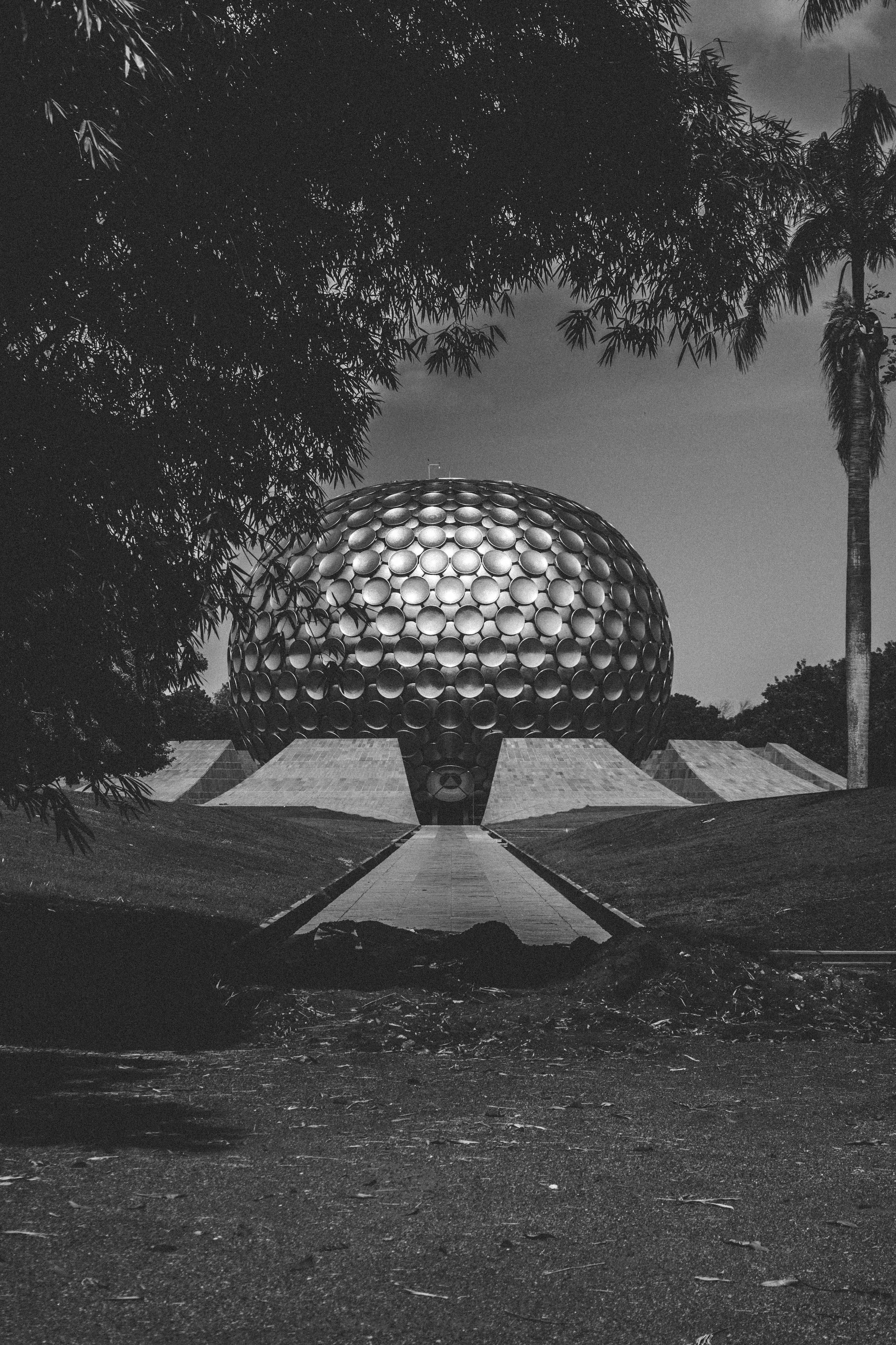 grass, plant, sunlight, beauty in nature, protection, land, umbrella, india, security, close-up, black, white, park, architecture, growth, globe, auroville, Phone HD Wallpaper