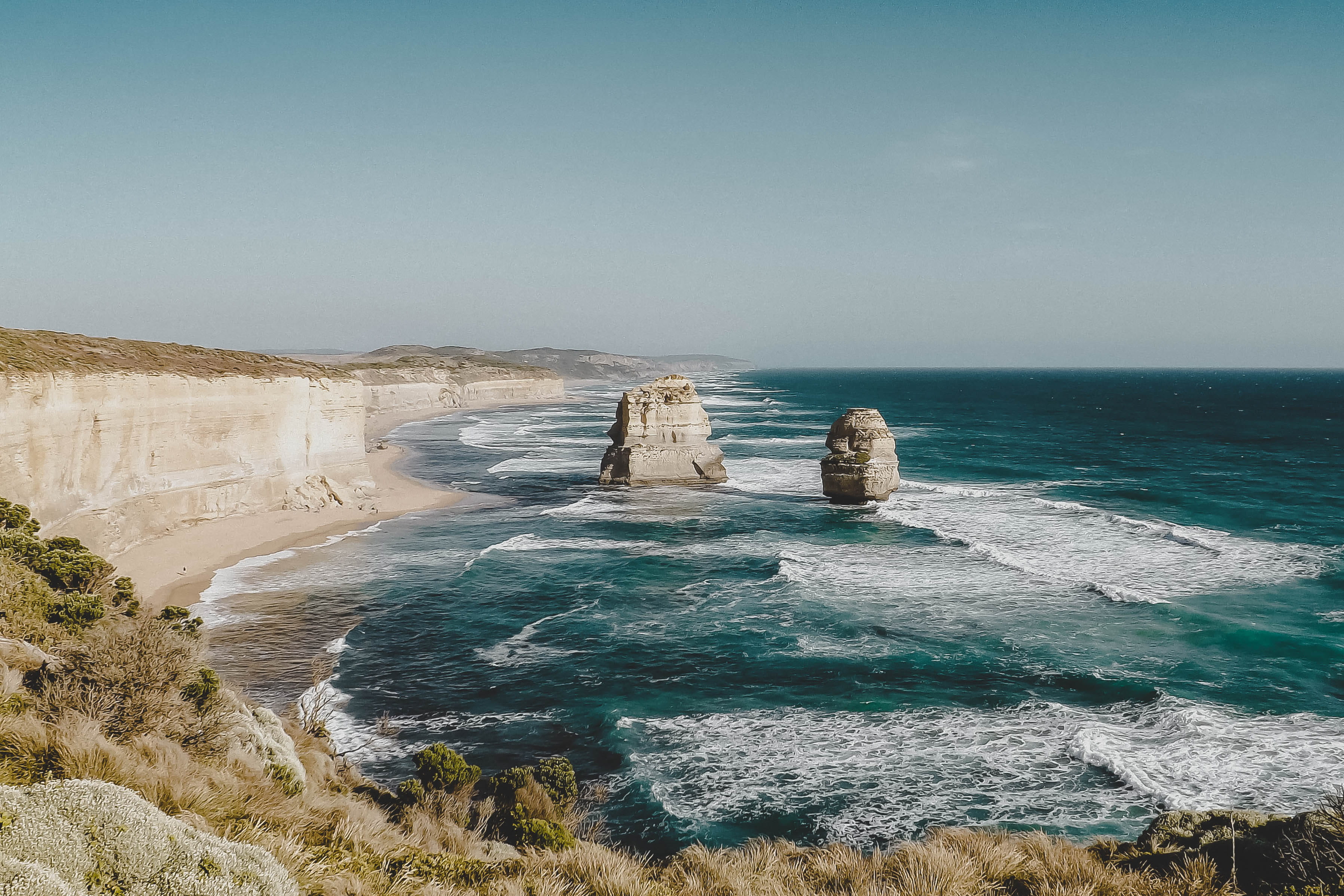 no people, promontory, apostle, plant, sky, sea, clear sky, australia, ocean, shore, 2K, building, beauty in nature, blue, scenics - nature, cliff, sea waves, HD Wallpaper