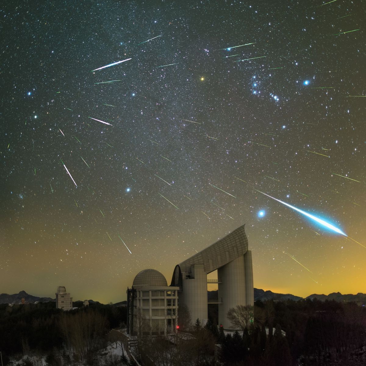 meteors, building, architecture, Astronomy, night, stars, Geminids, Clear Sky, landscape, telescope, Long Exposure, nature, China, Observatory, Trees, 480P, Phone HD Wallpaper