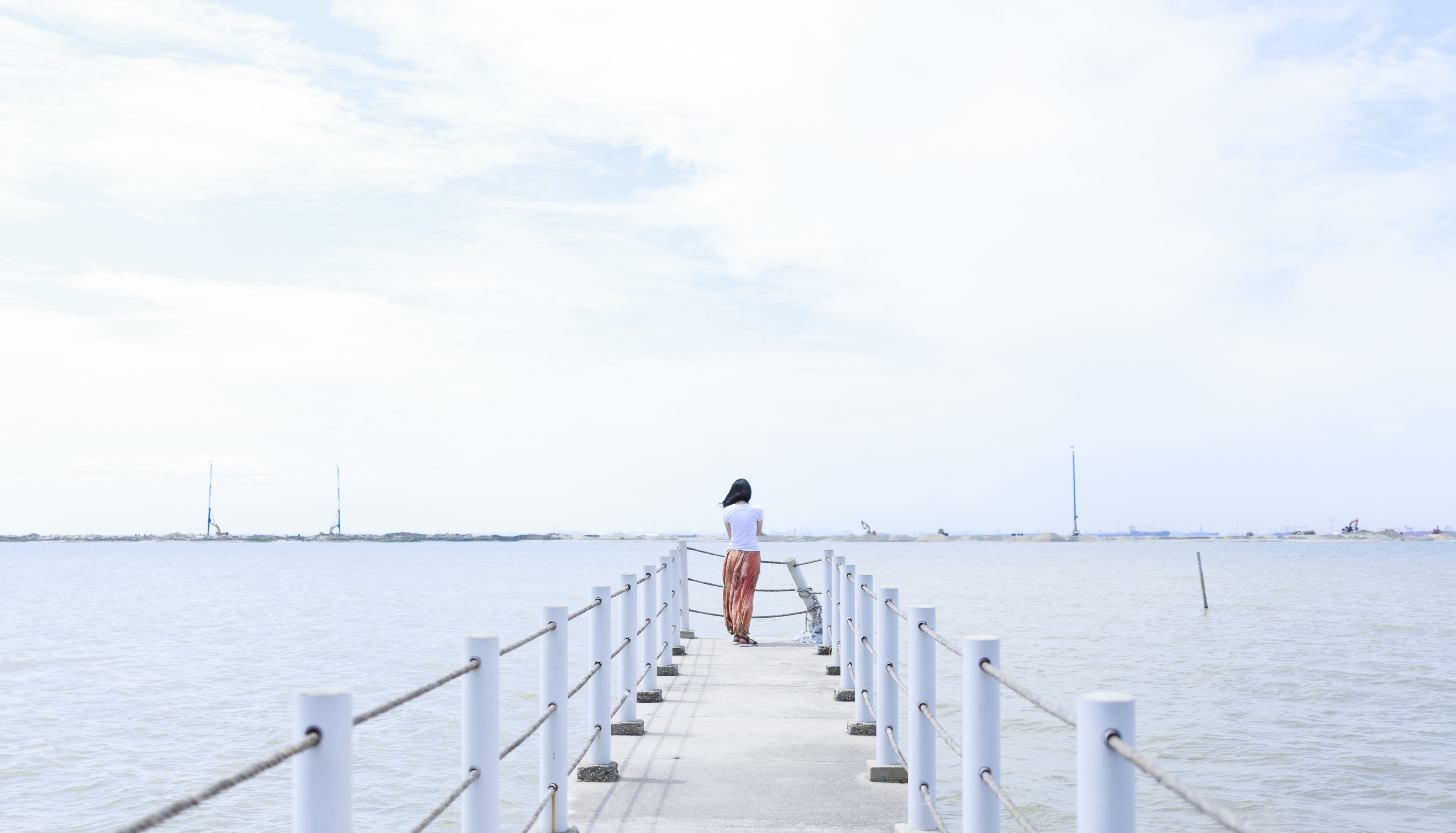 blue, woman, pier, people, the way forward, railing, diminishing perspective, deep, scenics - nature, standing, looking, girl, sea, water, one man only, HD Wallpaper