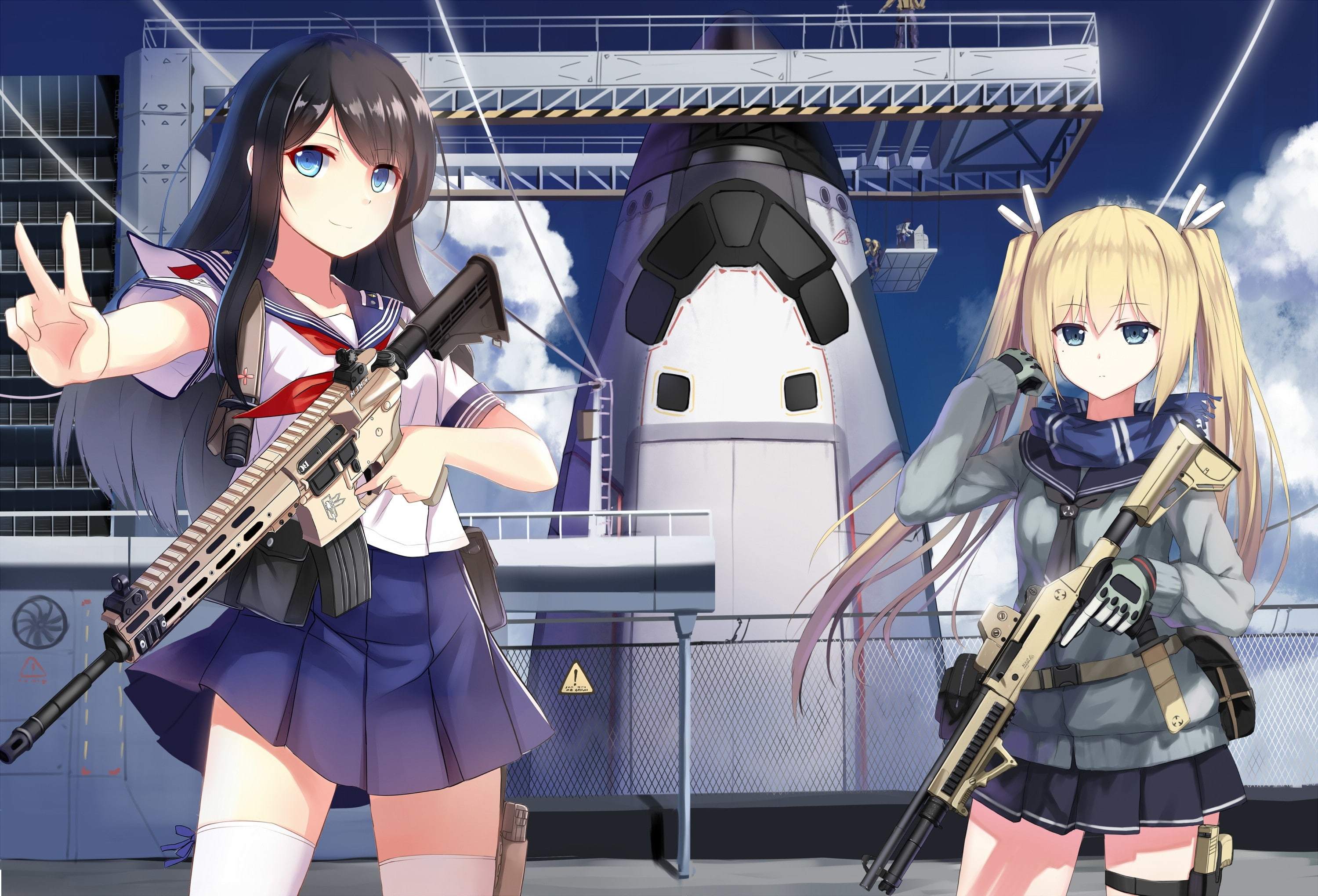 2K, original characters sailor uniform gun anime girls school uniform weapon space shuttle, HD Wallpaper