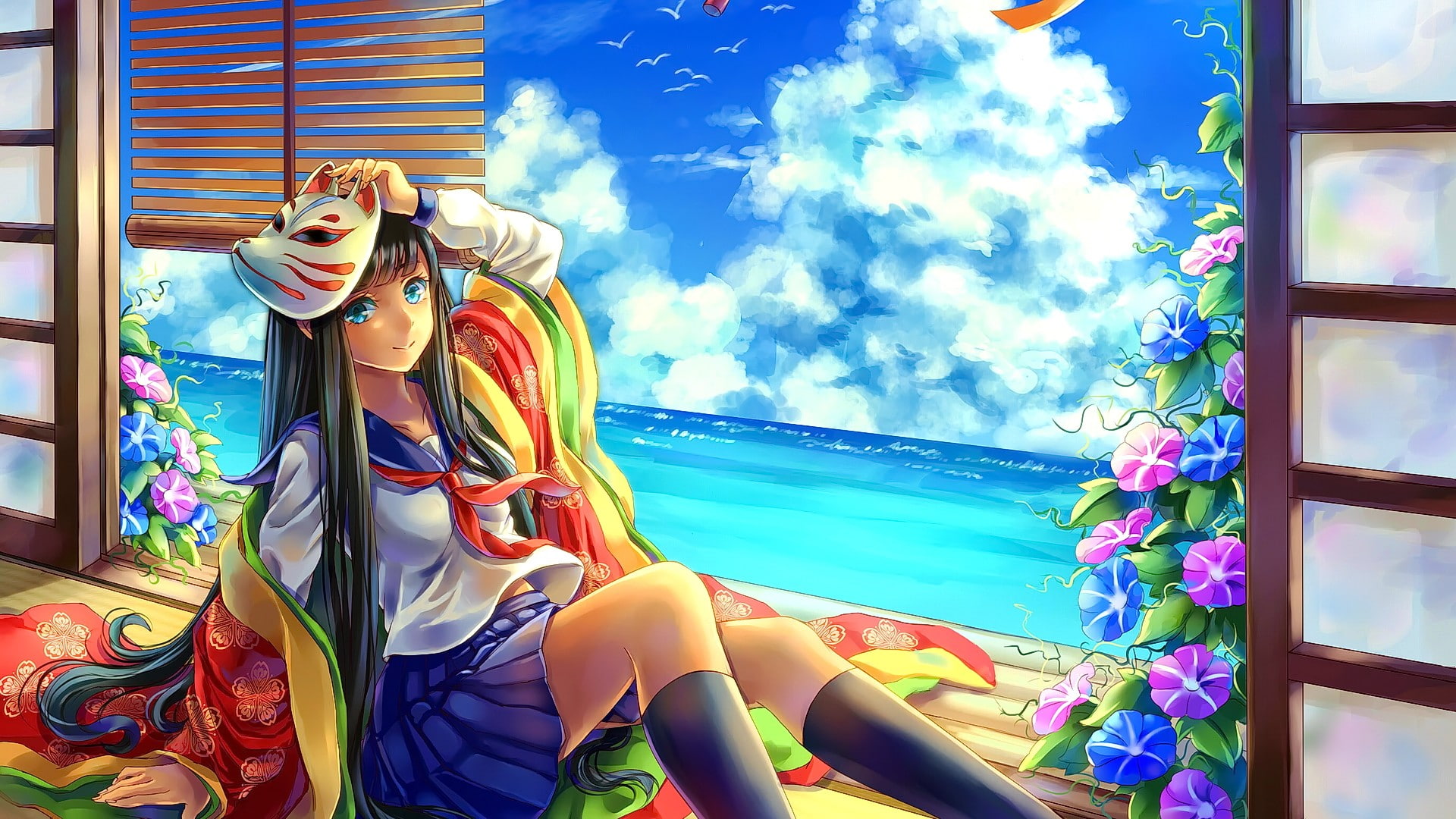 window, sailor uniform, original characters, anime, kimono, mask, anime girls, 1080P, HD Wallpaper