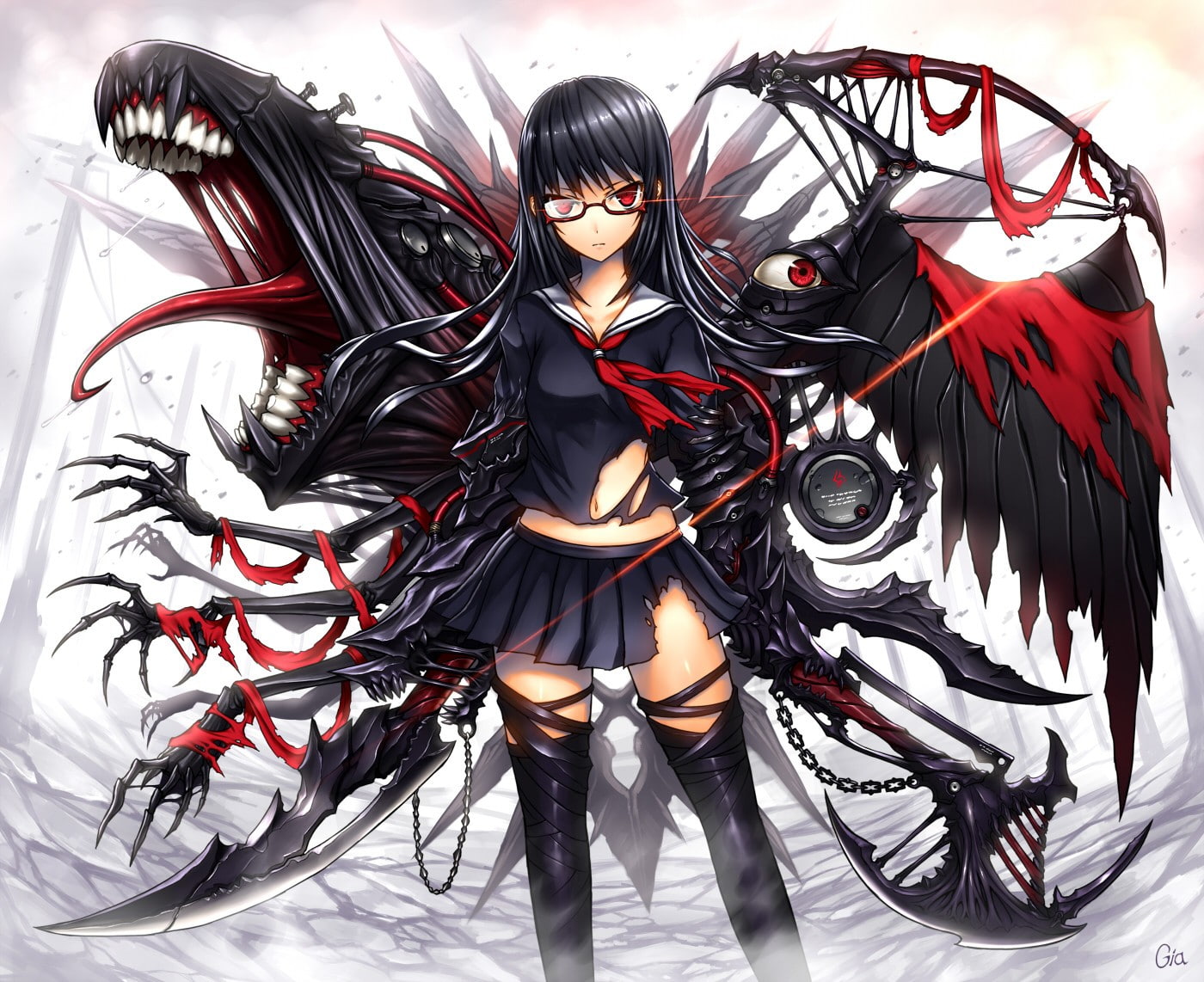 red eyes, anime girls, anime, black hair, GiA, 720P, long hair, sailor uniform, miniskirt, HD Wallpaper