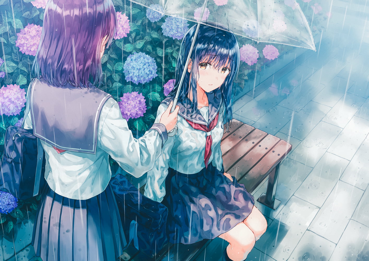 umbrella, bag, wet, bench, flowers, sitting, 720P, water drops, rain, anime girls, sailor uniform, HD Wallpaper