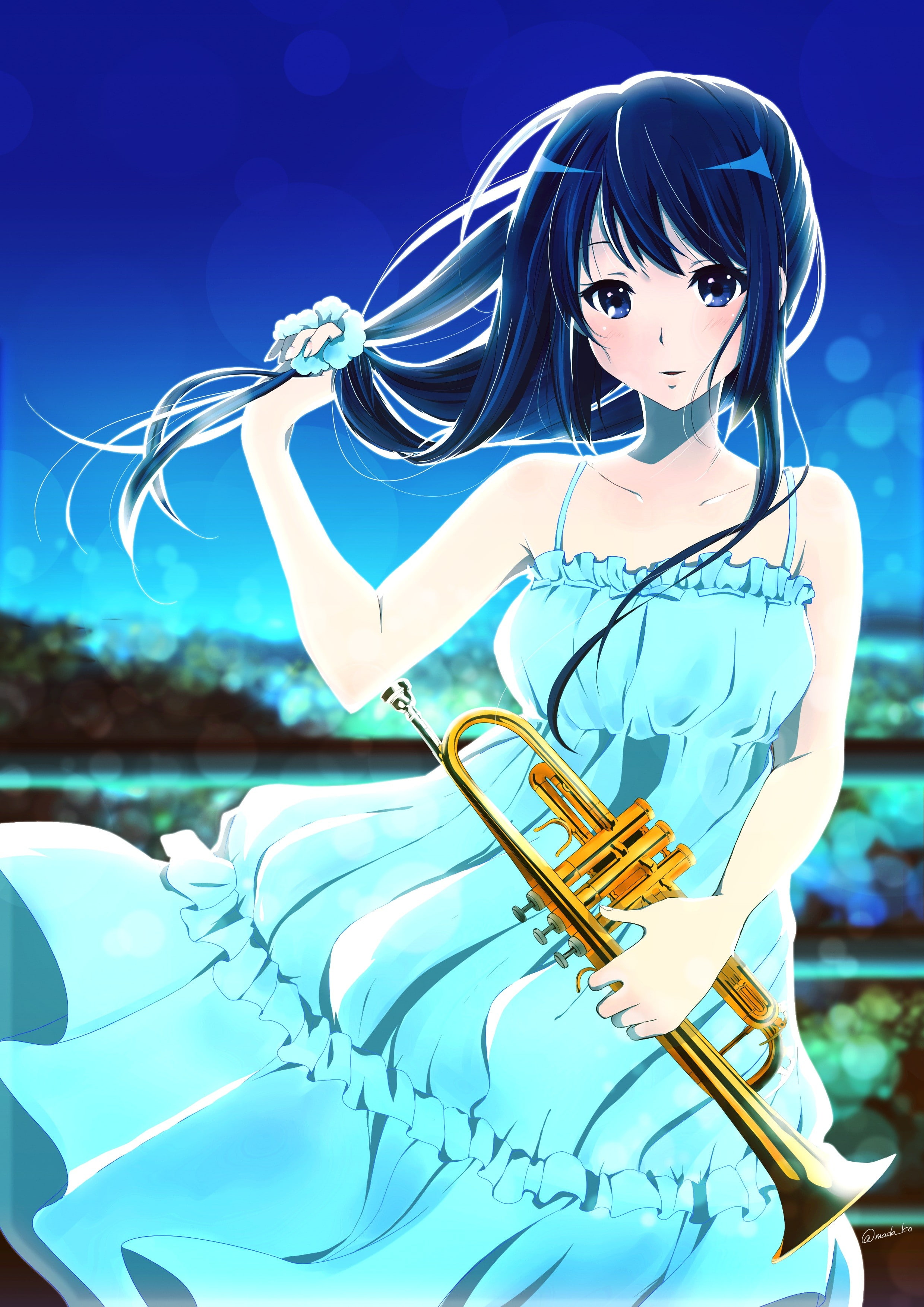 2K, anime girls, blue eyes, blue hair, Hibike! Euphonium, Kousaka Reina, long hair, dress, summer  dress, anime, Phone HD Wallpaper