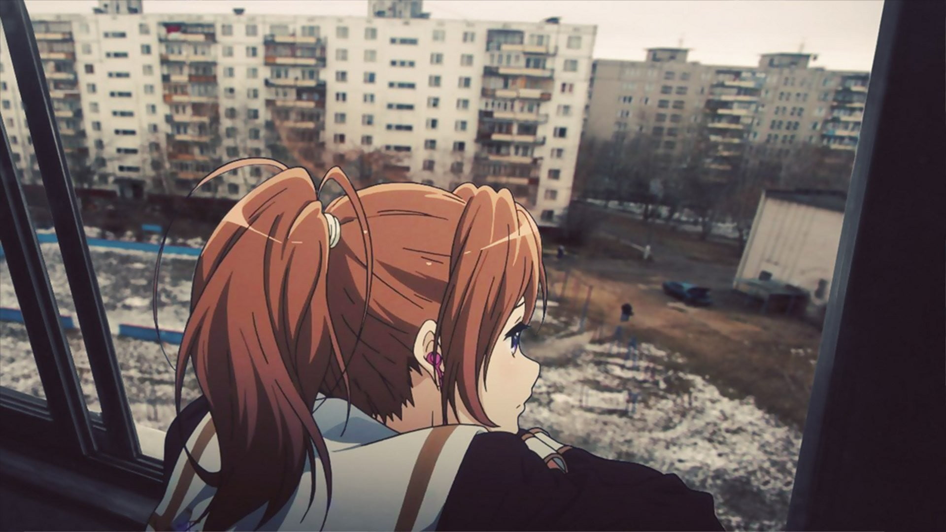 outdoors, standing, window, unrecognizable person, focus on foreground, clothing, 1080P, looking away, building exterior, headphones, headshot, anime, HD Wallpaper