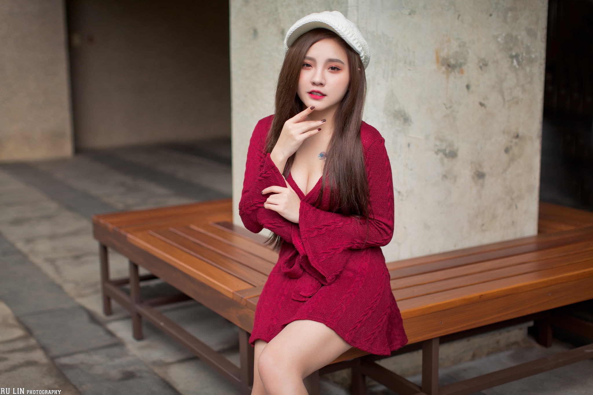 dress, woolly hat, red dress, women outdoors, bench, women, looking at viewer, outdoors, long hair, tattoo, portrait, 1080P, brown eyes, painted nails, HD Wallpaper
