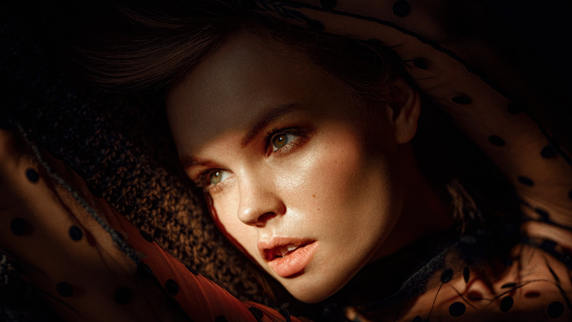 Georgy Chernyadyev, women, face, Knit Fabric, indoors, Anastasia Scheglova, 1080P, women indoors, model, sunlight, portrait, looking away, see-through, HD Wallpaper