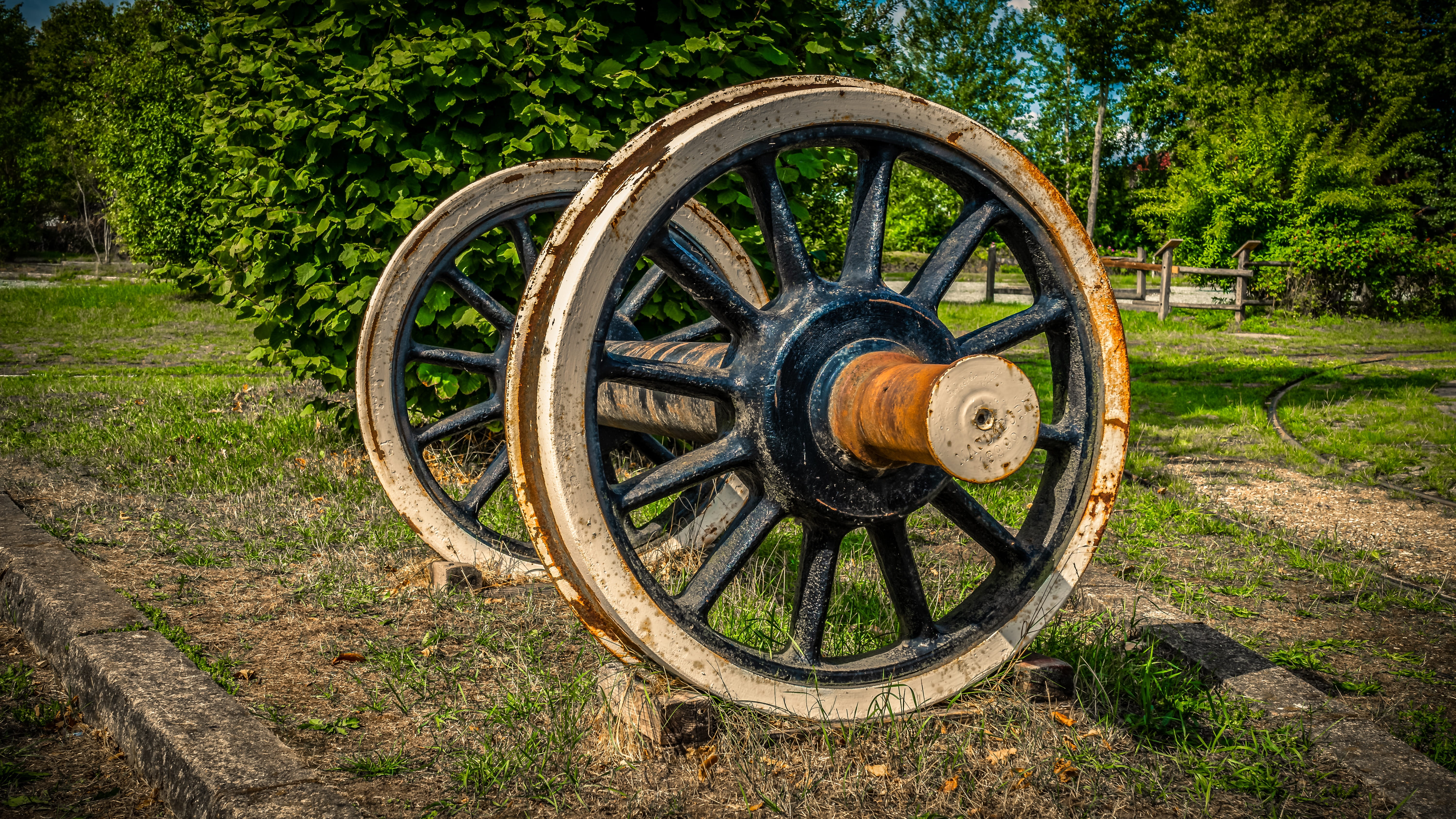 wood - material, tree, wagon wheel, land, day, nature, grass, old, field, plant, shape, antique, wheel, rust, no people, transportation, steel, 5K, wagon axle, HD Wallpaper