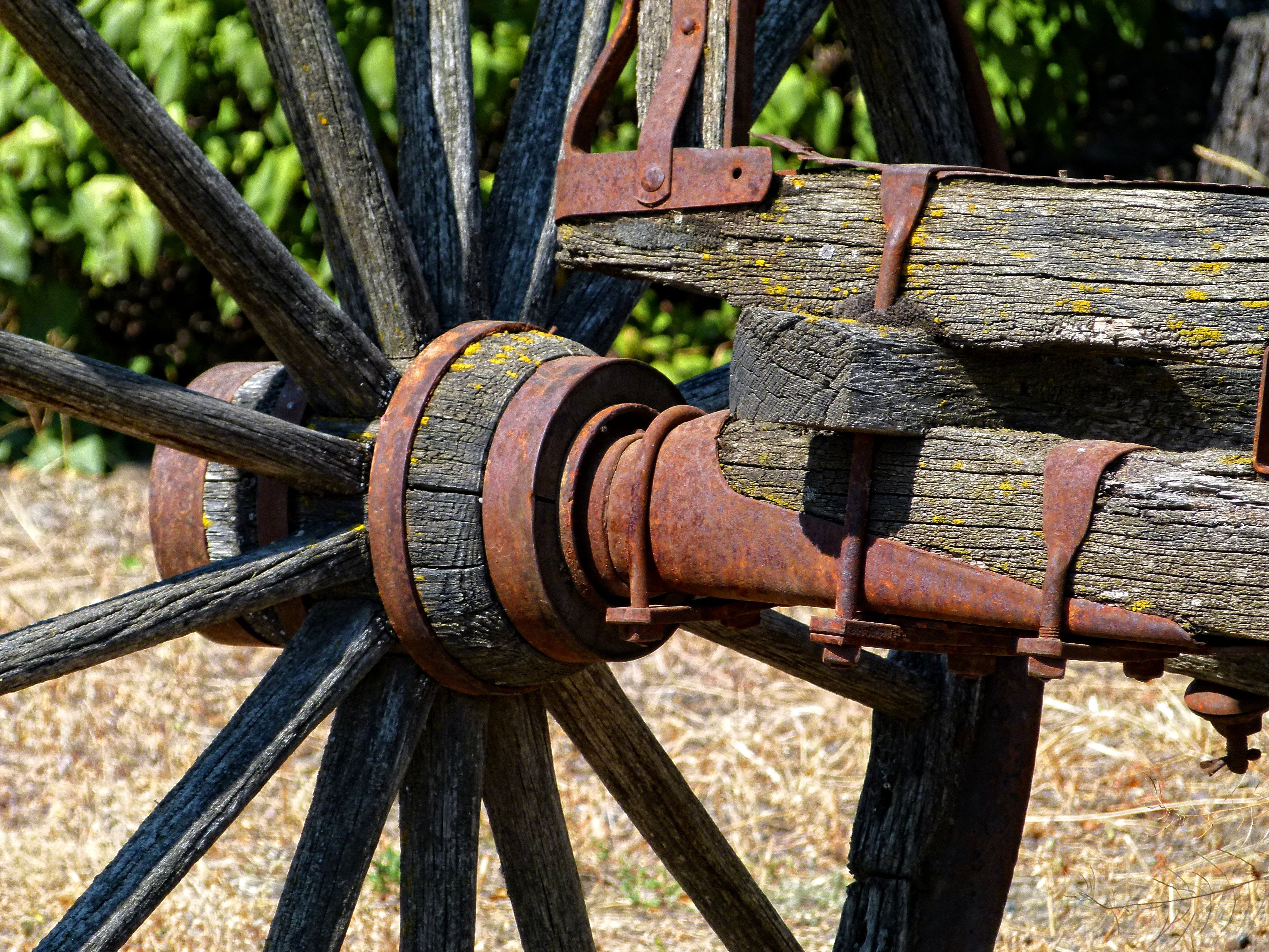tire, axle, metal, wood - material, close-up, outdoors, old, 4K, wagon wheel, no people, wheel, sunlight, cart, wooden, focus on foreground, nature, field, HD Wallpaper
