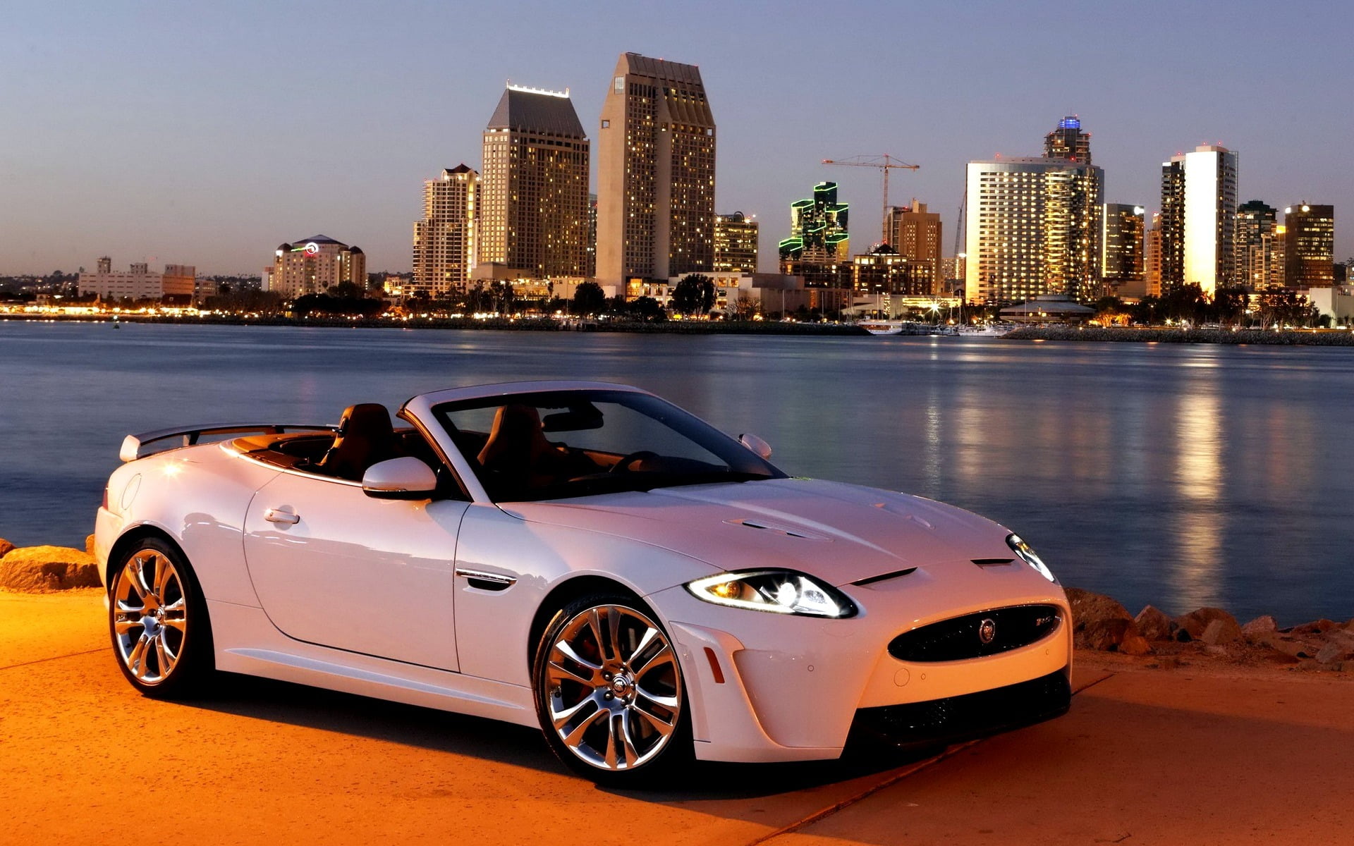 land vehicle, no people, modern, sky, car, skyscraper, water, cityscape, Jaguar, building exterior, white, convertible, transportation, luxury, 1080P, HD Wallpaper