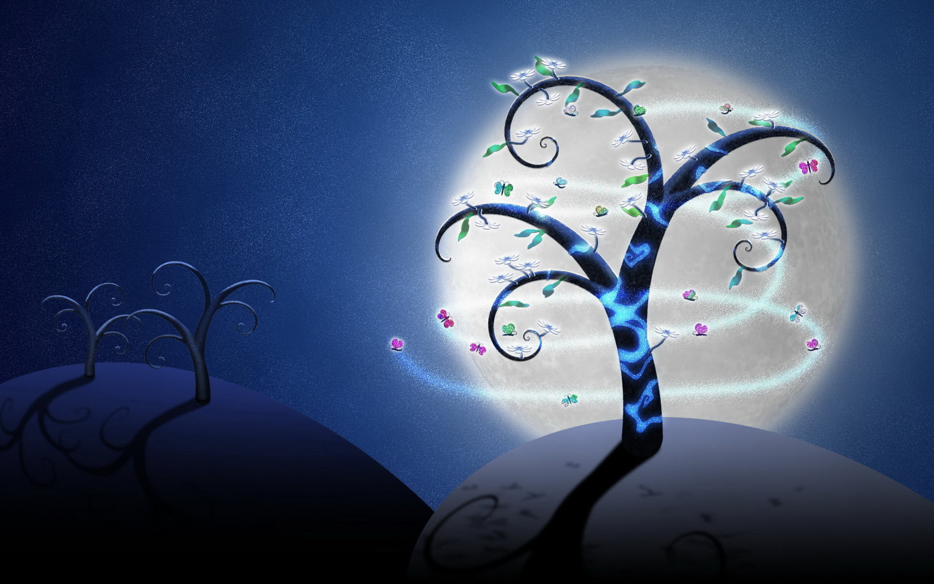 dreams, 1080P, creative and graphics, hd, tree, green, creative, blue, black, illustration, graphics, pink, night, HD Wallpaper
