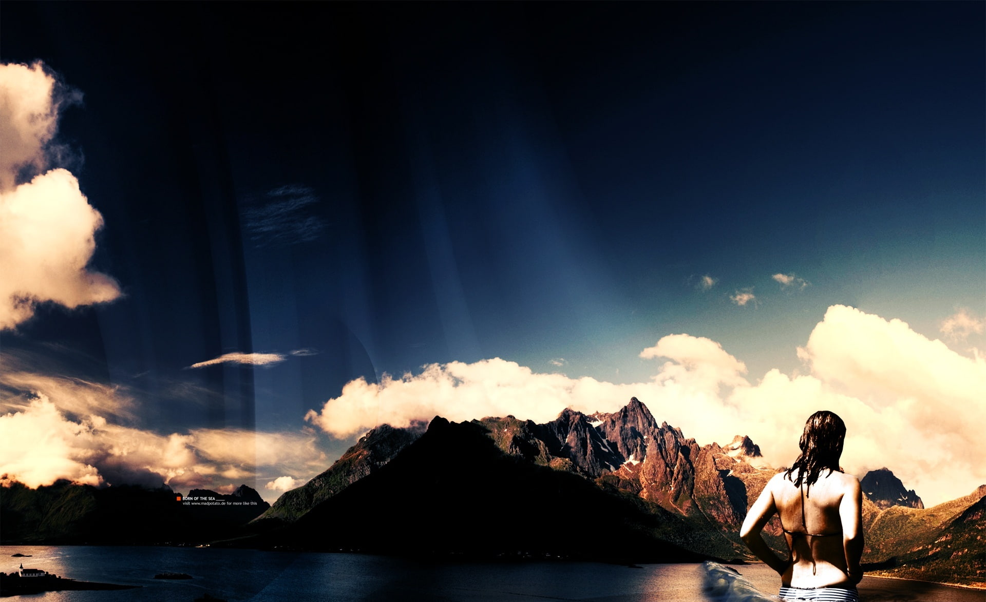 digital art, Clouds, sea, Nature, Girl, Blue, 1080P, Landscape, Aero, Creative, Born, Mountains, HD Wallpaper
