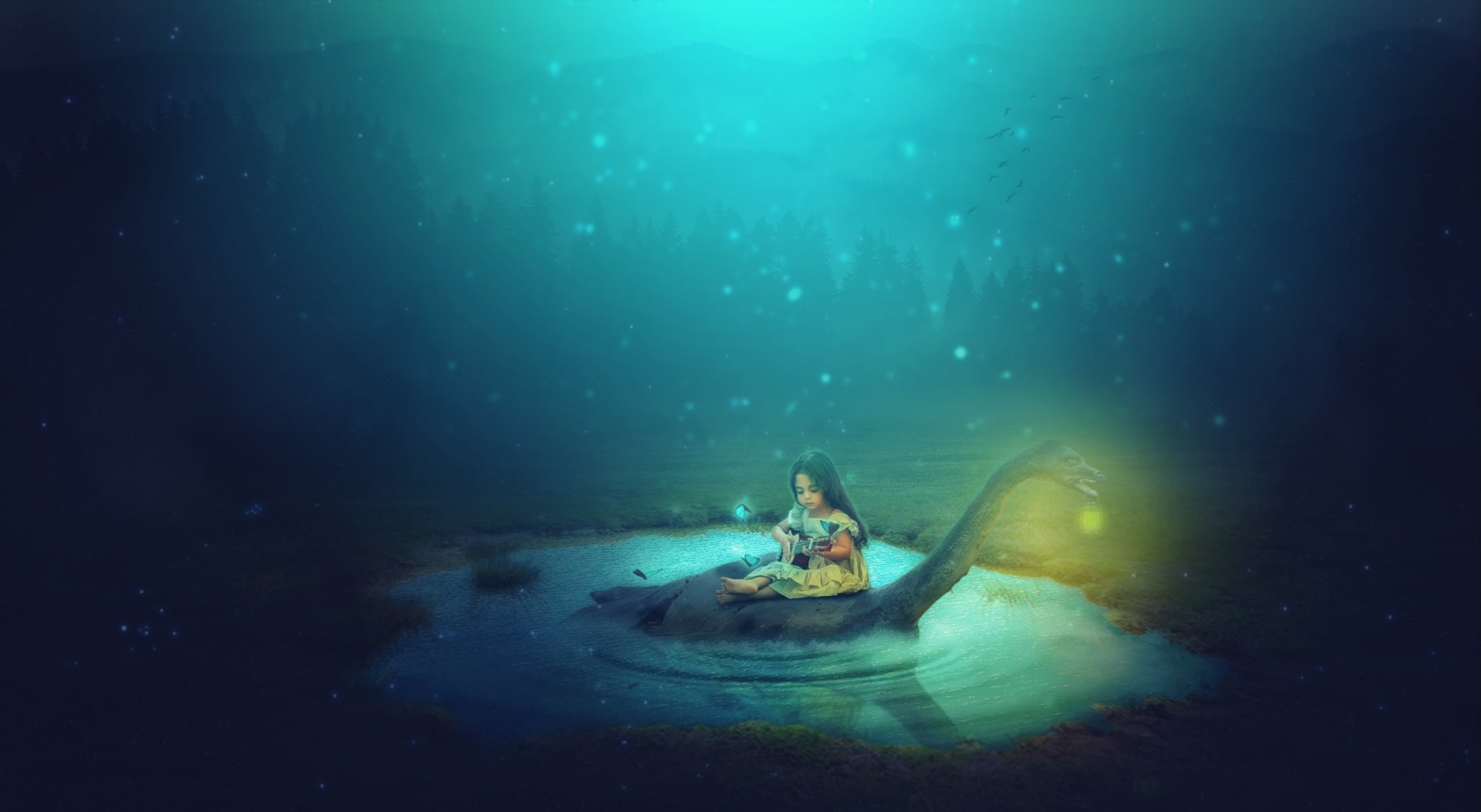 one person, monster, secret, nature, real people, dragon, relaxation, sea, night, girl, sitting, nessy, vacations, darky, blue, Creative, nakrani, paradise, HD Wallpaper