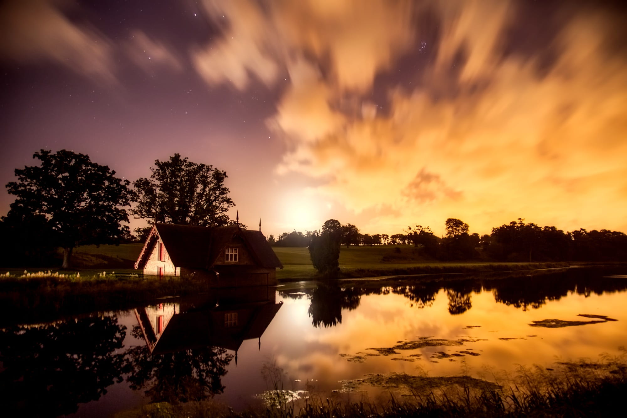 reflection, tree, cloud - sky, reflections, water, sky, house, trees, landscape, no people, outdoors, nature, lake, sunset, tranquility, ireland, built structure, HD Wallpaper