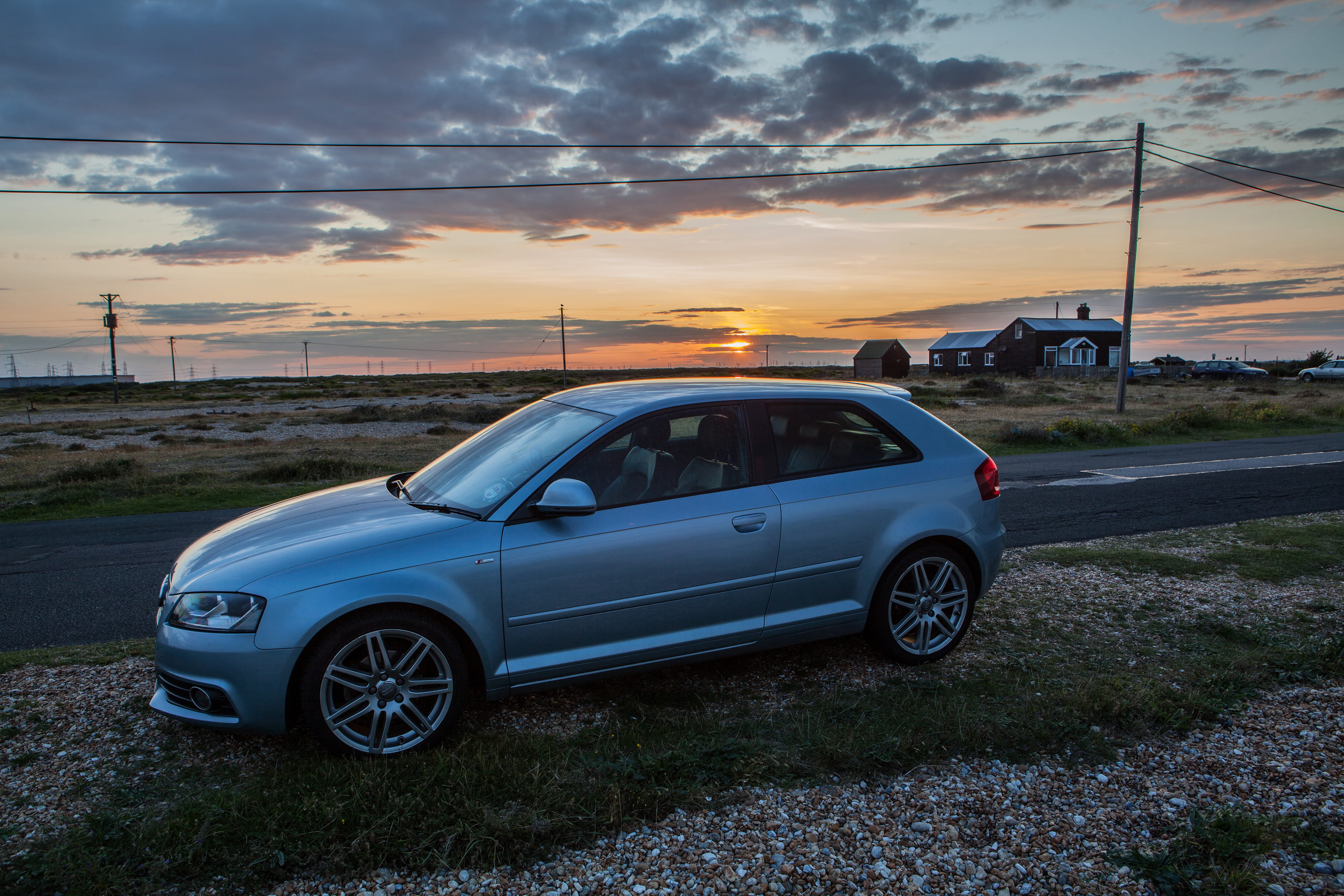 road, sky, stationary, england, mode of transportation, line, land Vehicle, beauty in nature, cloud - sky, car, transportation, audi, south, s, environment, HD Wallpaper