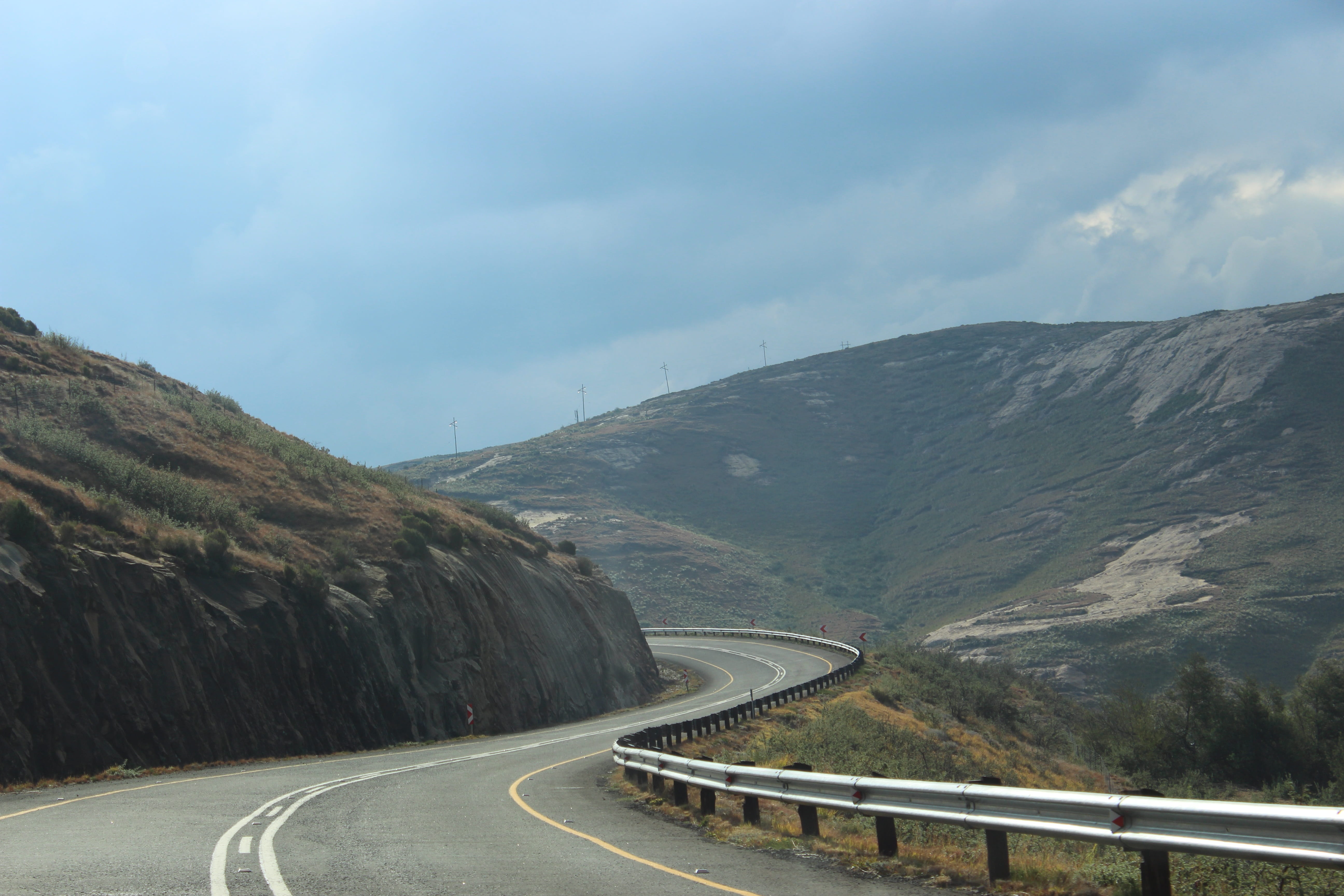 sign, the way forward, non-urban scene, 5K, hill road in south africa, road marking, beauty in nature, direction, dividing line, mountain, winding road, HD Wallpaper