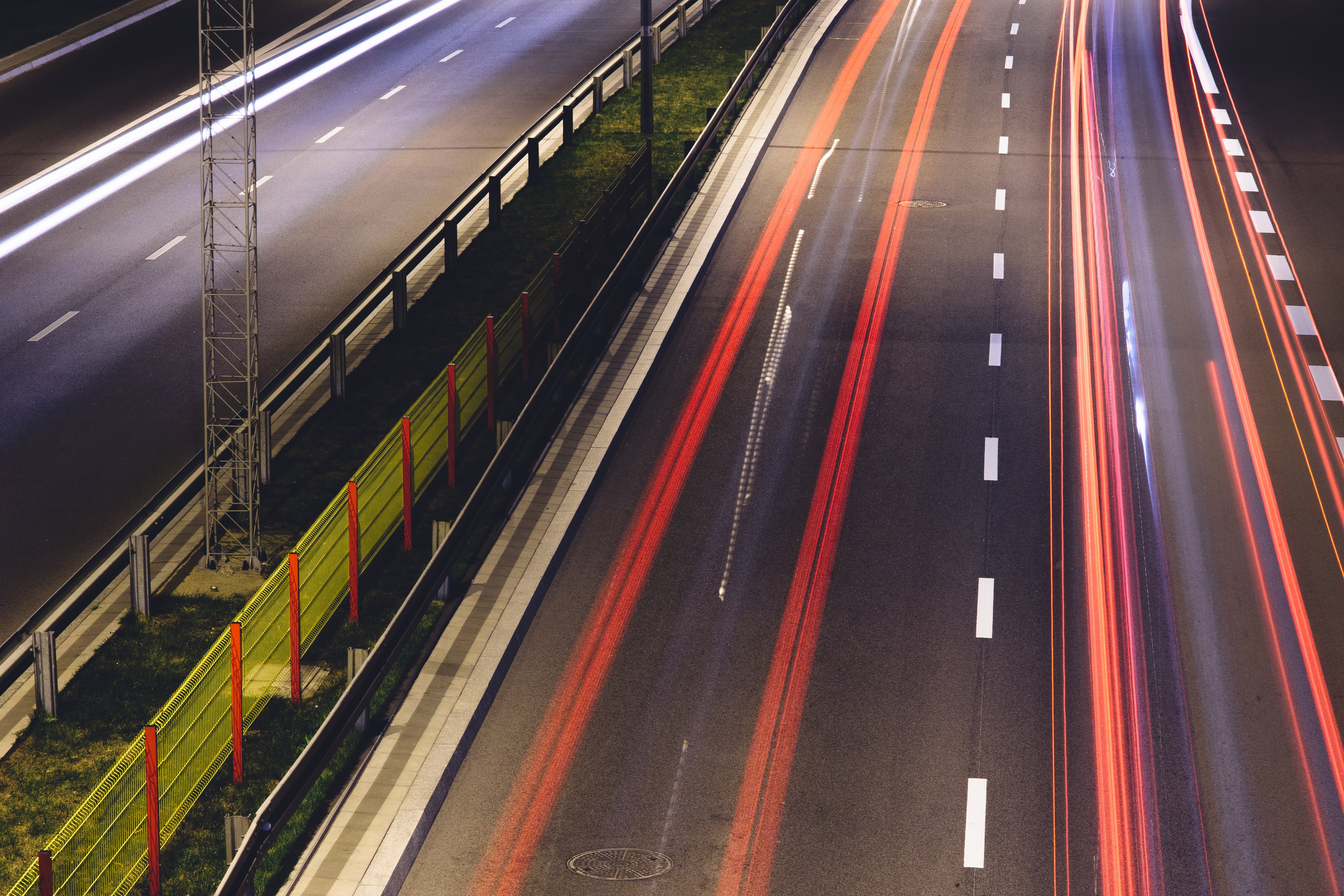 city, traffic, 5K, illuminated, lane, land vehicle, grass, long exposure, sign, long-exposure, multiple lane highway, light trail, high angle view, lights, HD Wallpaper